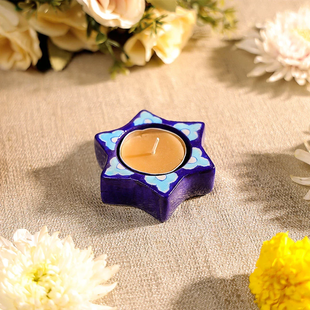 3" Blue Pottery Star Shaped T-Light Candle Holder Set of 2