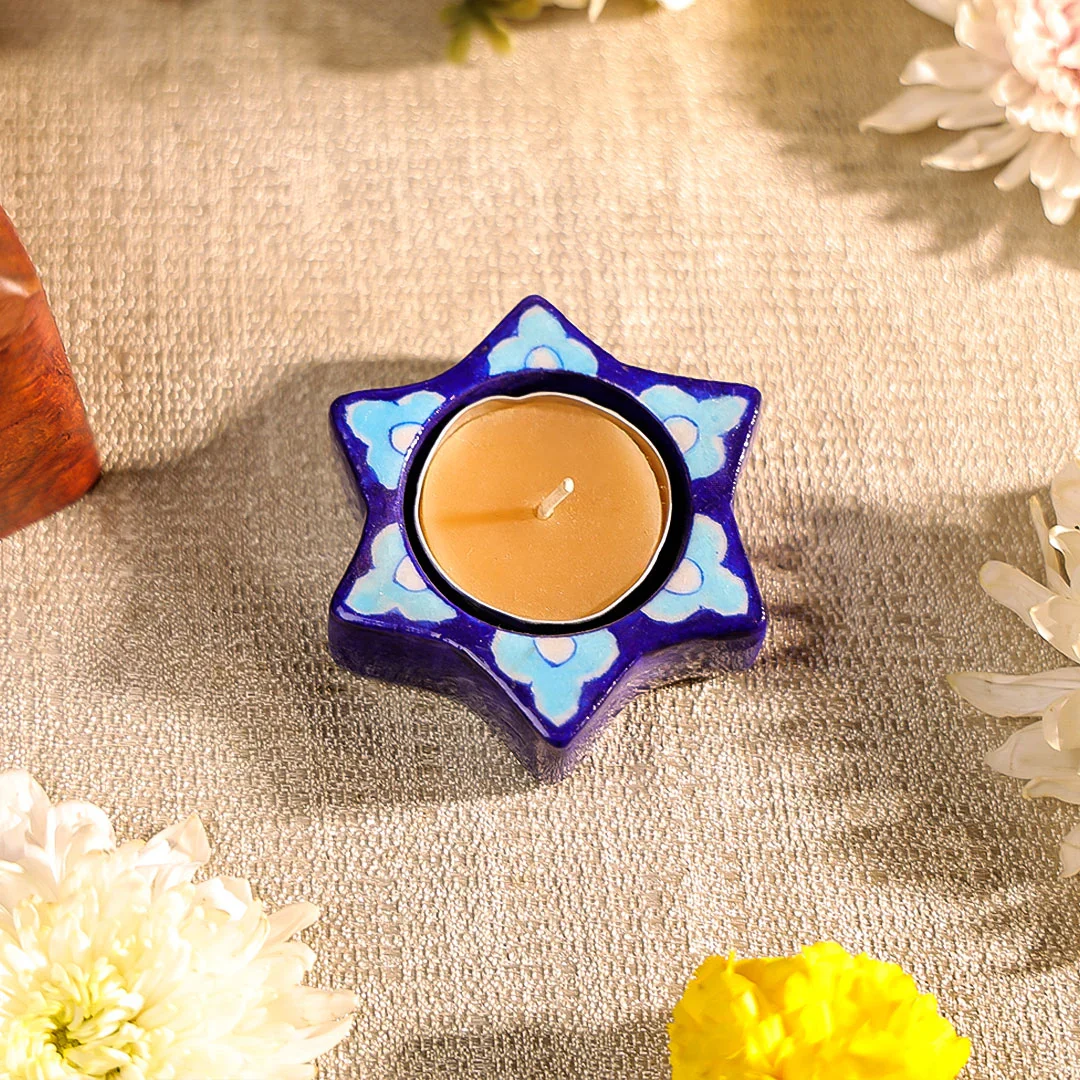 3" Blue Pottery Star Shaped T-Light Candle Holder Set of 2 - Image 2
