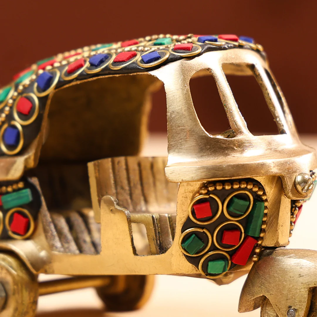 Brass Auto Rickshaw with Stonework - Small - Image 2