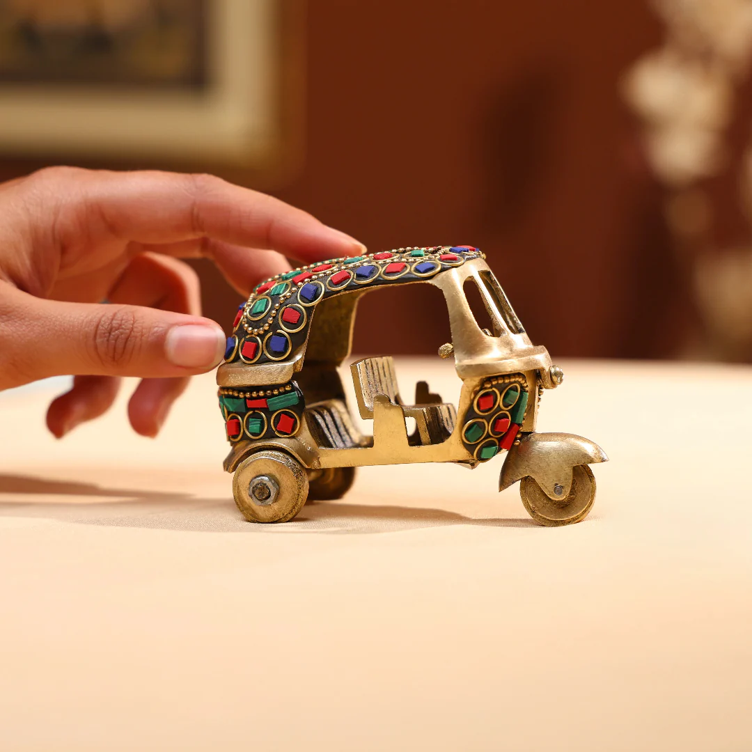 Brass Auto Rickshaw with Stonework - Small - Image 4