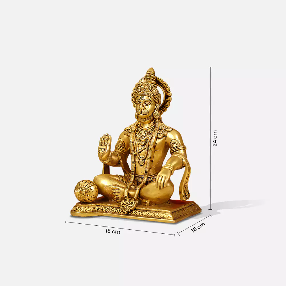10" Brass Blessing Lord Hanuman Idol Seated Cross Legged - Image 2