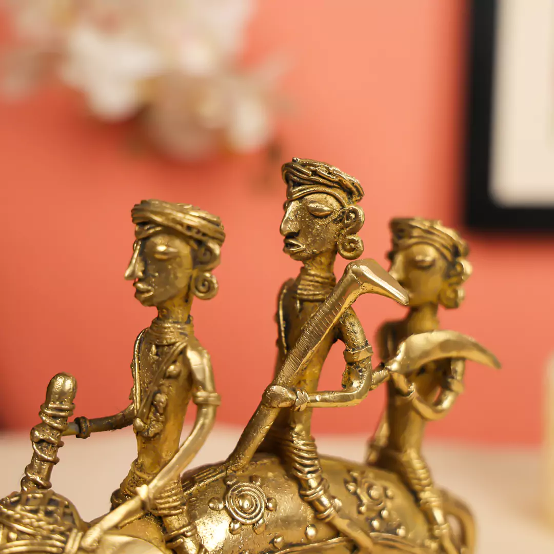 8" Brass Cafted Dhokra Elephant Carrying 3 Persons Table Decor - Image 2