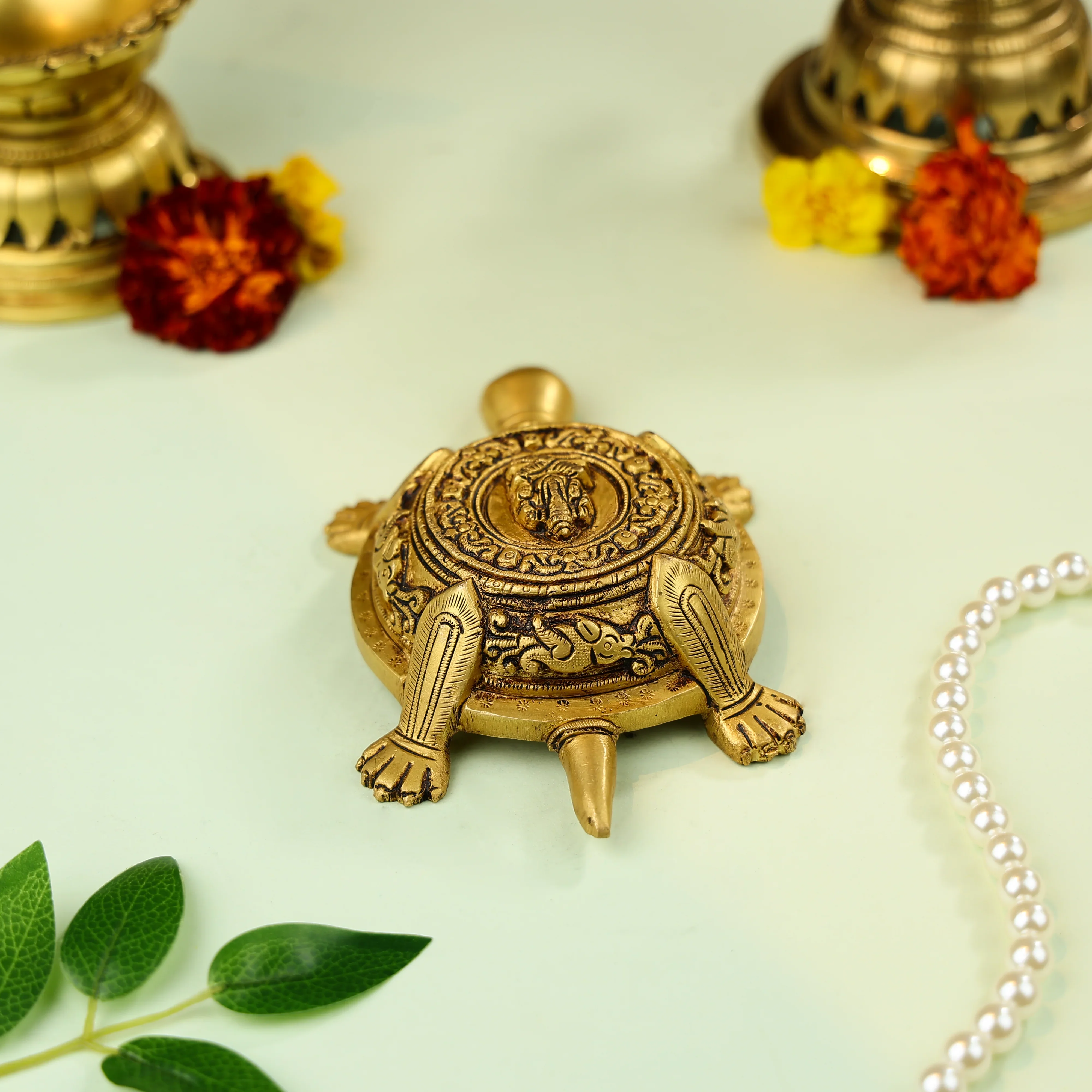 7" Brass Carved Vastu Tortoise With Ganesha Figure - Image 2