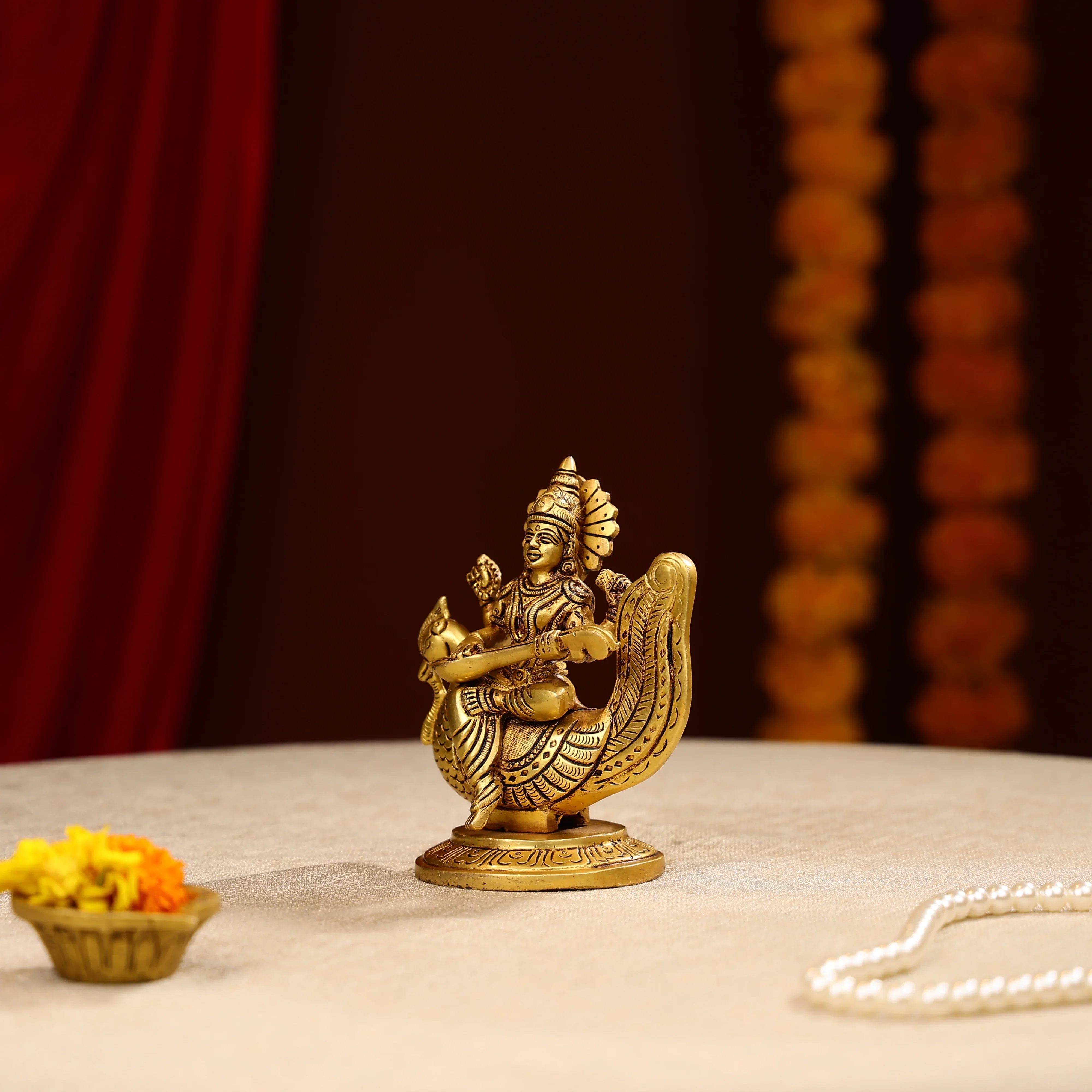 5.75" Superfine Brass Goddess Saraswati Seated on Swan - Image 2
