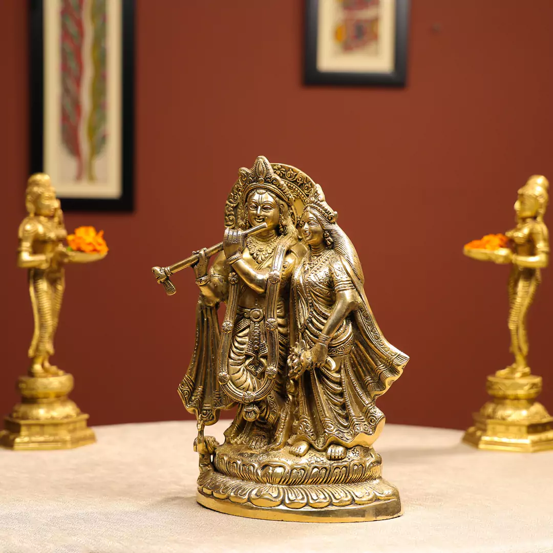 13" Brass Radha Krishna Idol With Peacock On Lotus Base - Image 2