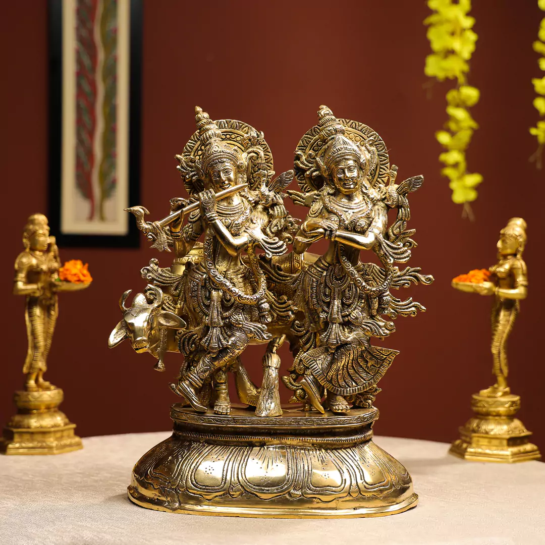 17" Brass Radha Krishna Idol With Peacock & Cow In Background On Lotus Base
