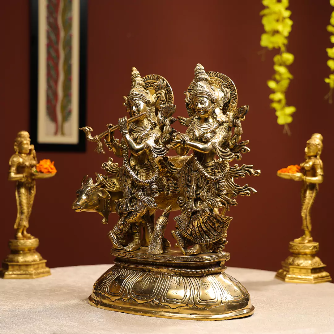 17" Brass Radha Krishna Idol With Peacock & Cow In Background On Lotus Base - Image 2