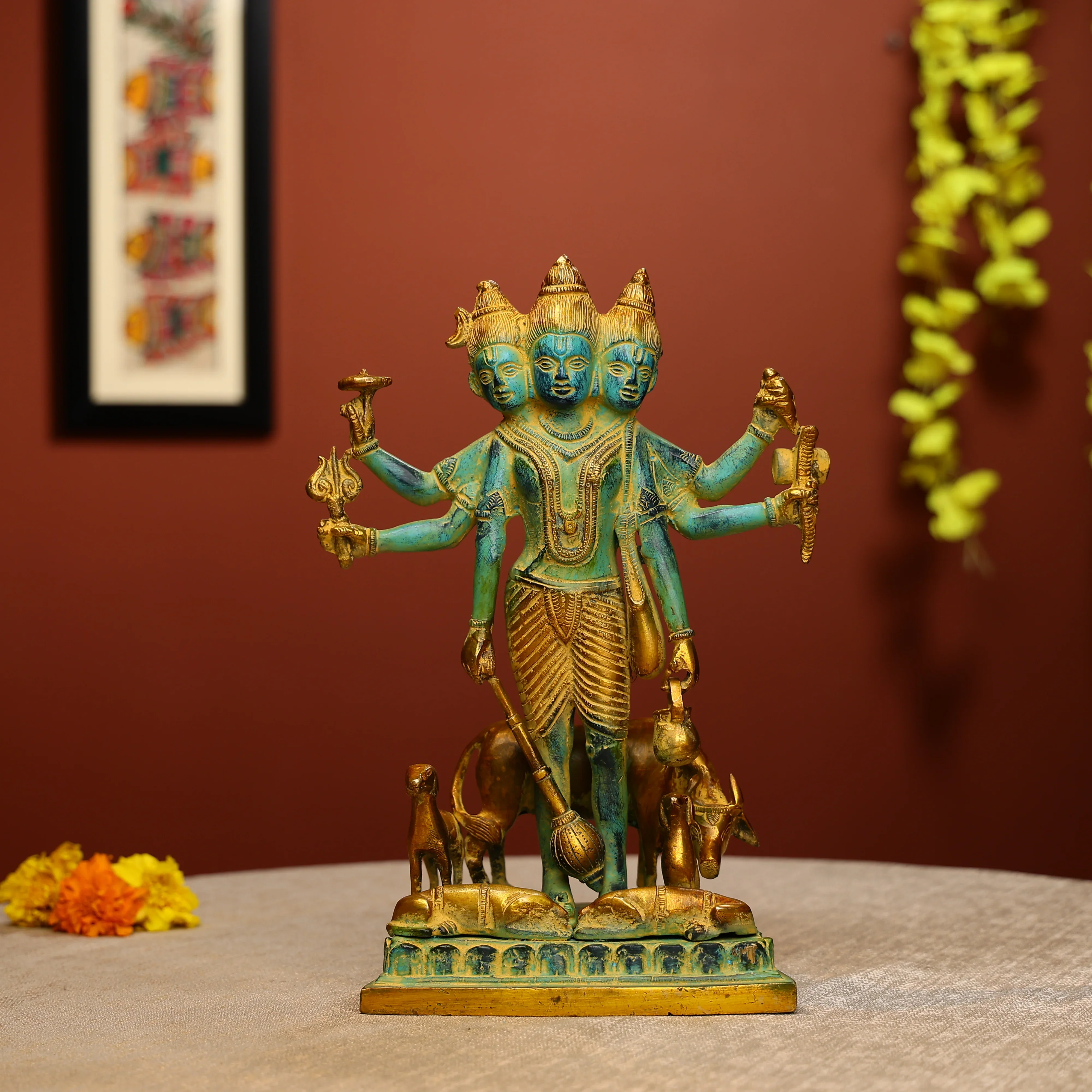 12" Colored Antique FInished Brass Lord Dattatreya Idol