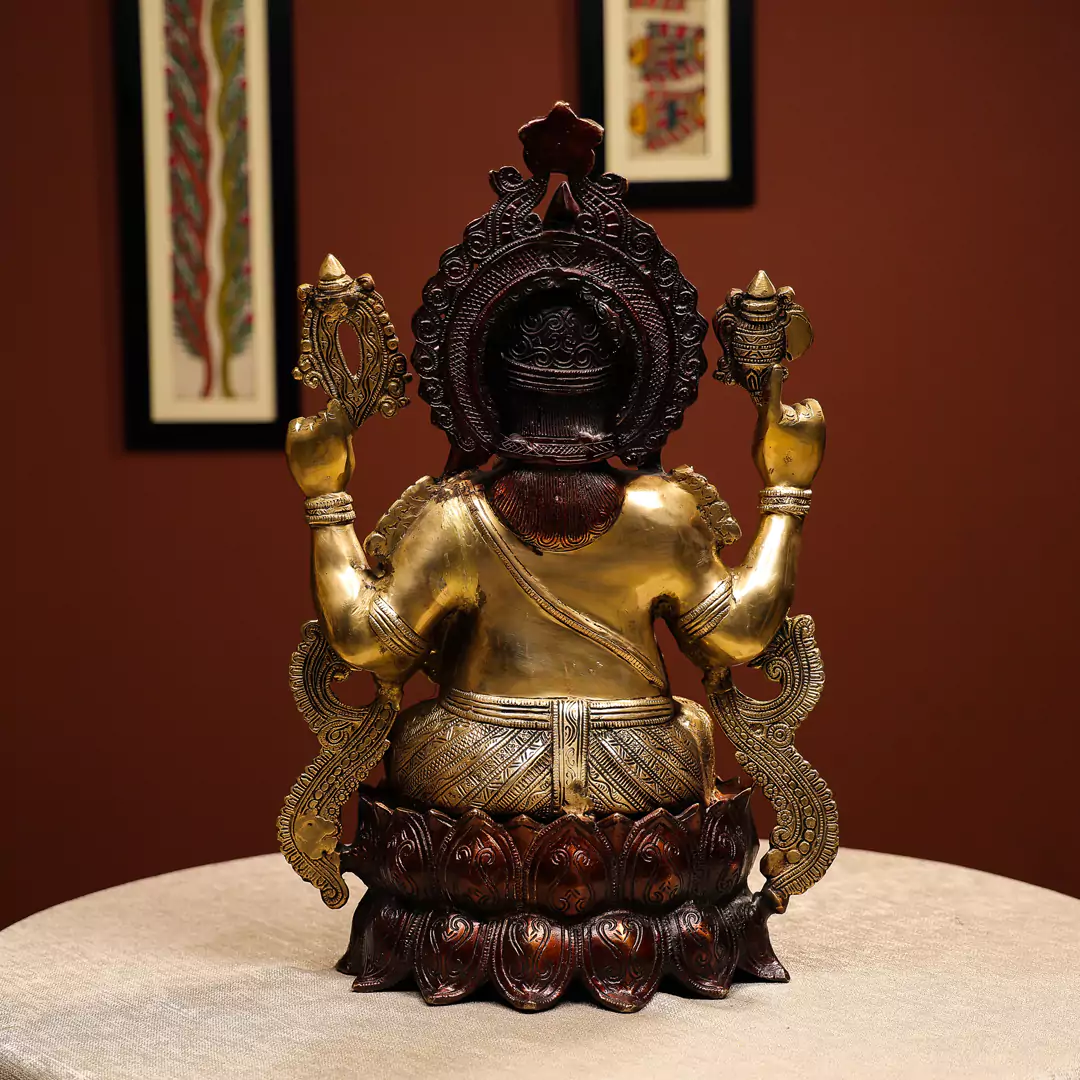 Brass Lord Ganesha Seated On Lotus Pedestal Idol - Image 2