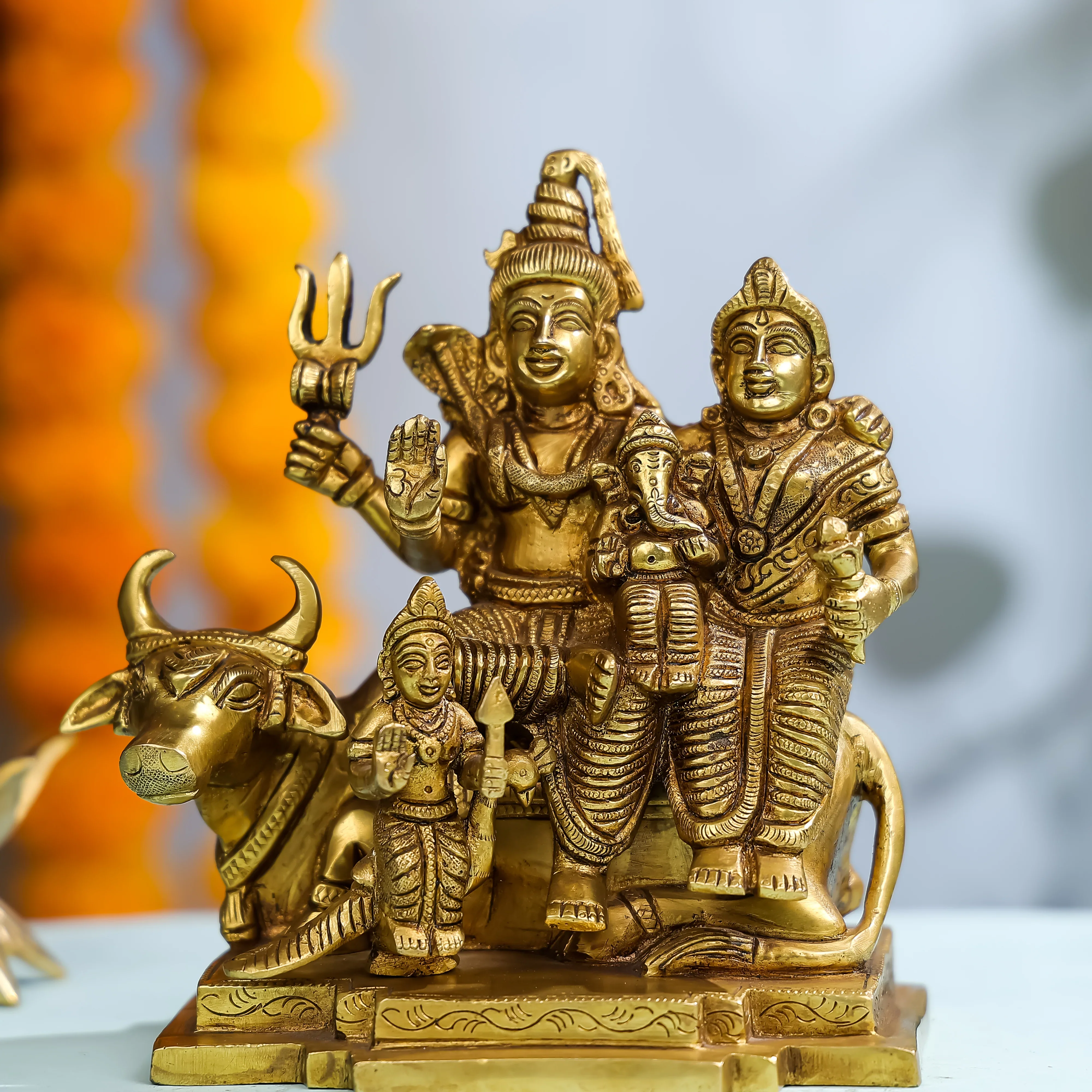 8" Brass Lord Shiva Family With Nandi - Image 2