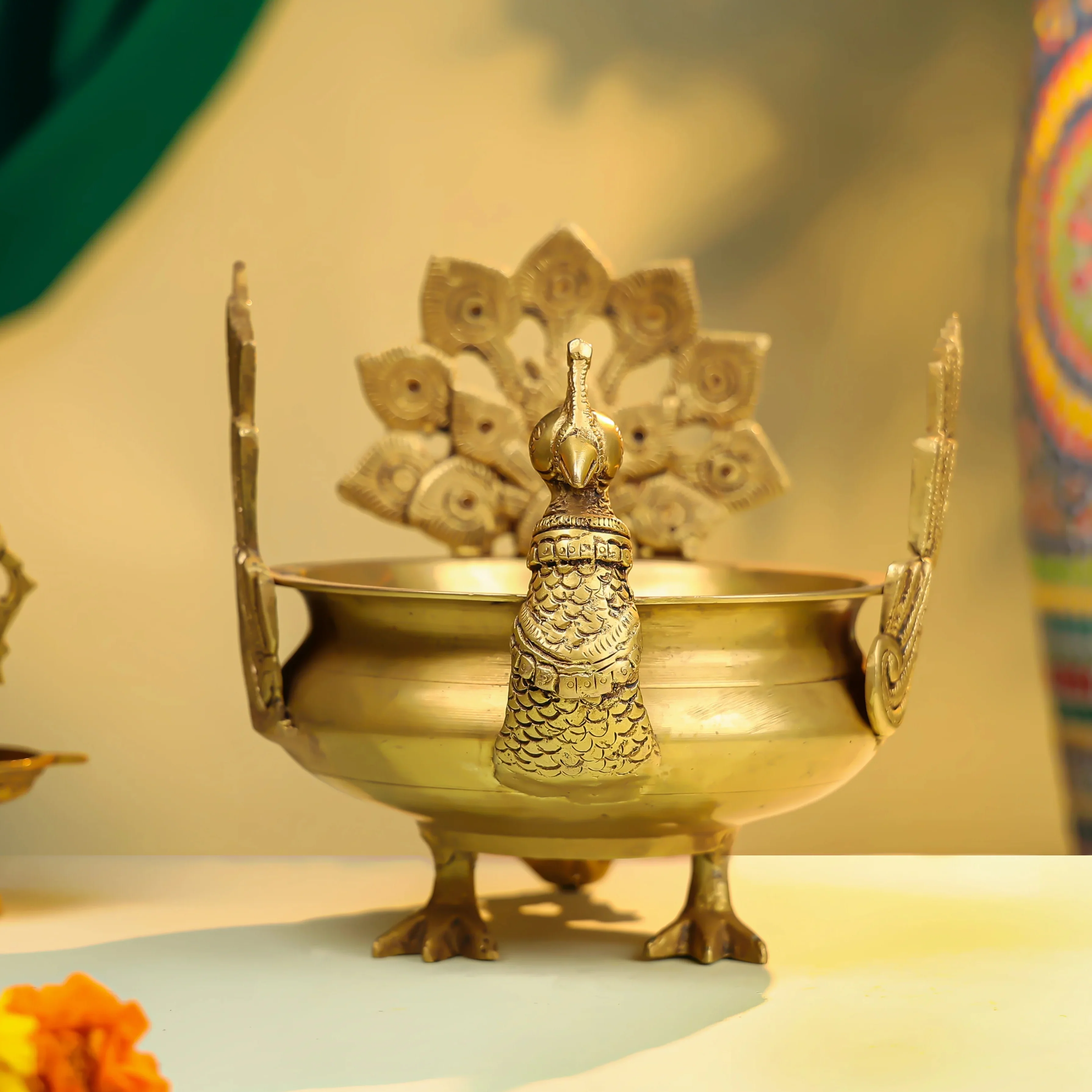 8" Brass Peacock Urli