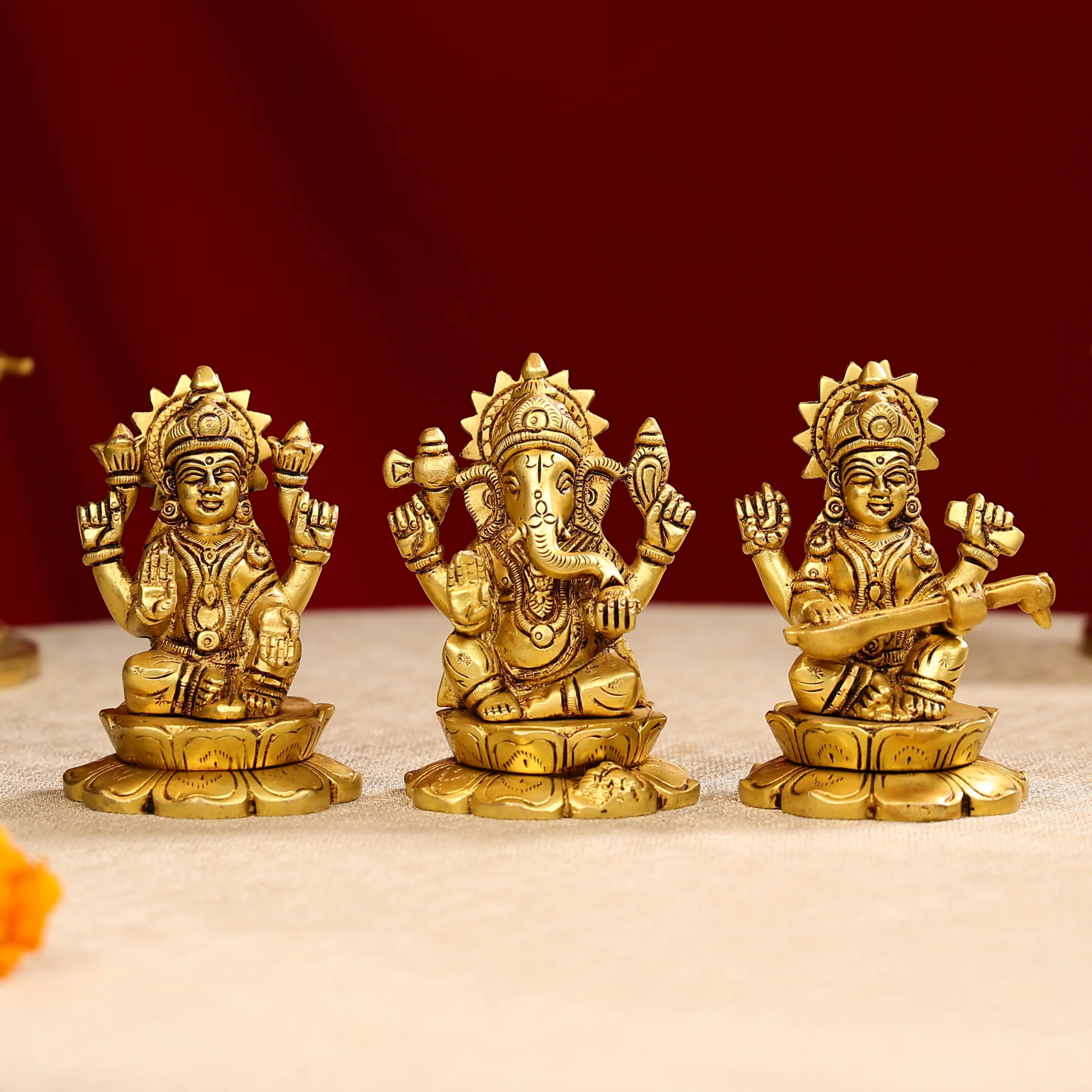 4.25" Brass Super Fine Goddess Laxmi, Lord Ganesha & Goddess Saraswati Trio Idols Seated On Lotus Base
