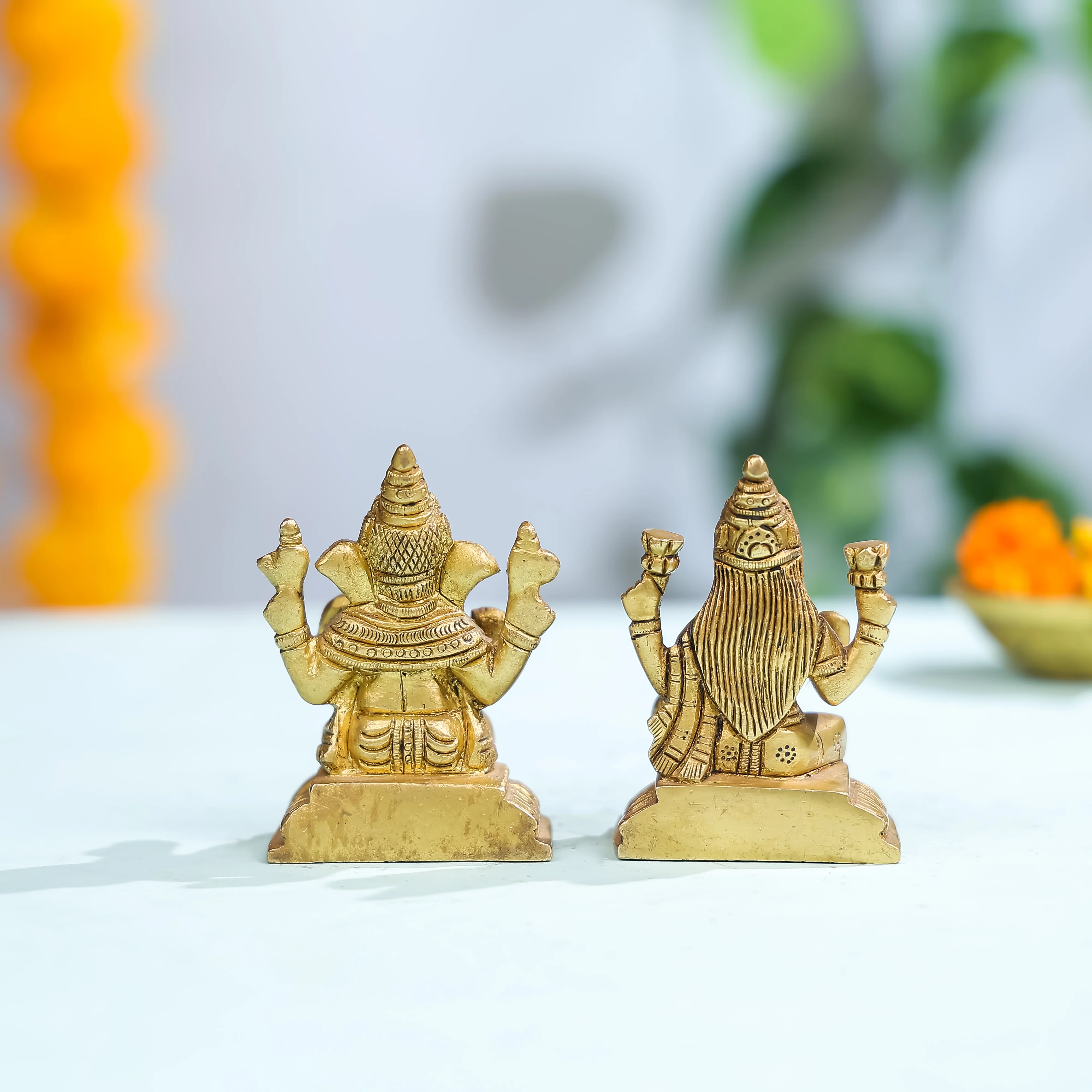 3.5" Brass Superfine Lord Ganesha & Laxmi Idol Pair Seated On Pedestal - Image 2