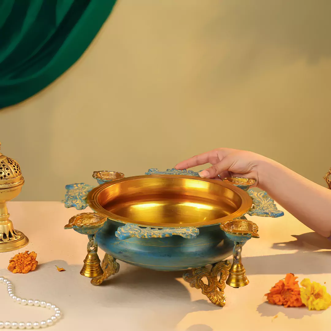Brass Urli With Diyas On The Edge With Bells - Image 2