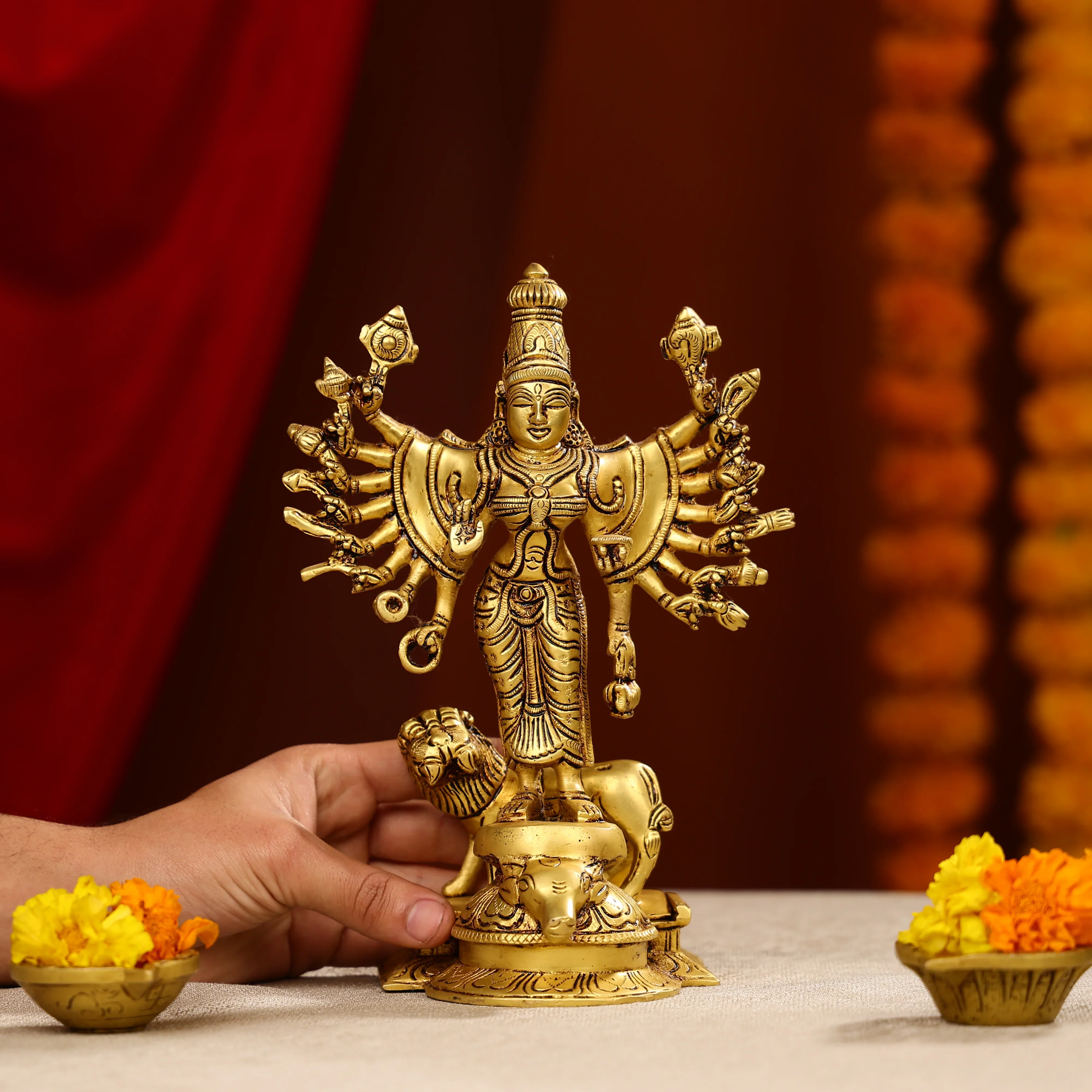 10" Super Fine Brass Vishnu Durga Mahisasur Mardini Durga Idol - Image 2