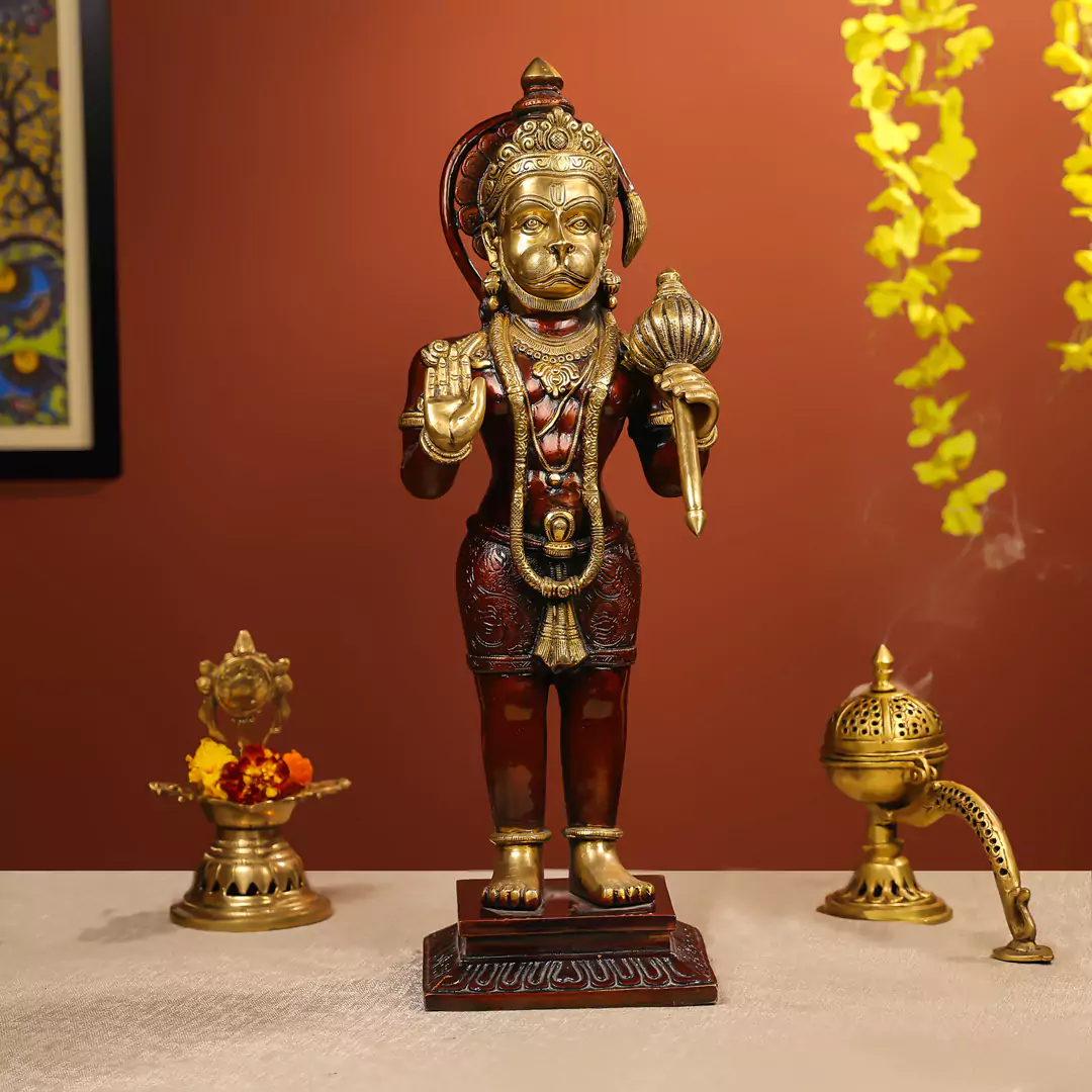 22" Coloured Brass Hanuman Idol Standing On Pedestal Antique Finish - Large