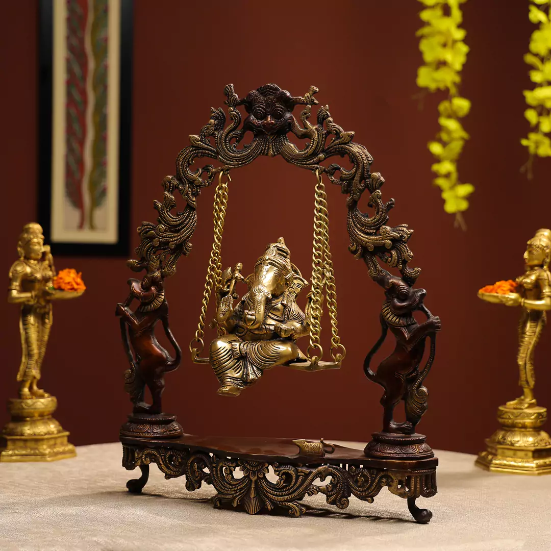 18" Coloured Brass Lord Ganesha on Swings Seated Idol Brown Antique Finish - Image 2