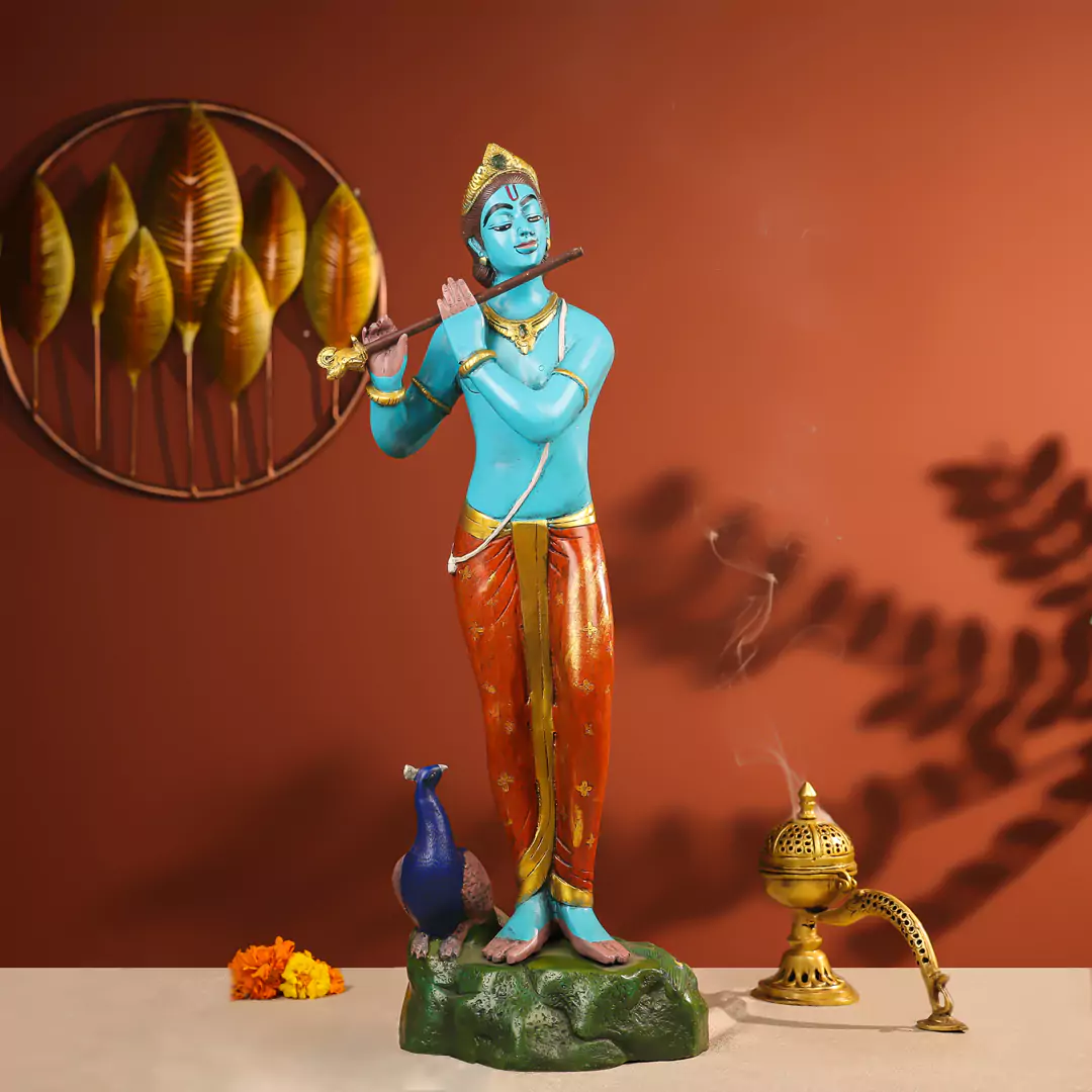 29" Coloured Brass Krishna Idol Fluting In Standing Pose With A Peacock On The Rock
