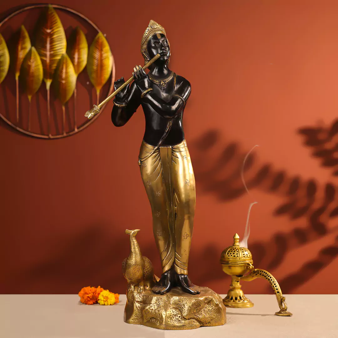 29" Black Coloured Brass Krishna Idol Fluting In Standing Pose With A Peacock On The Rock