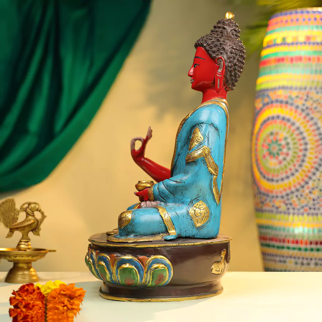 17" Coloured Brass Lord Buddha Seated Idol On Lotus Base - Image 2