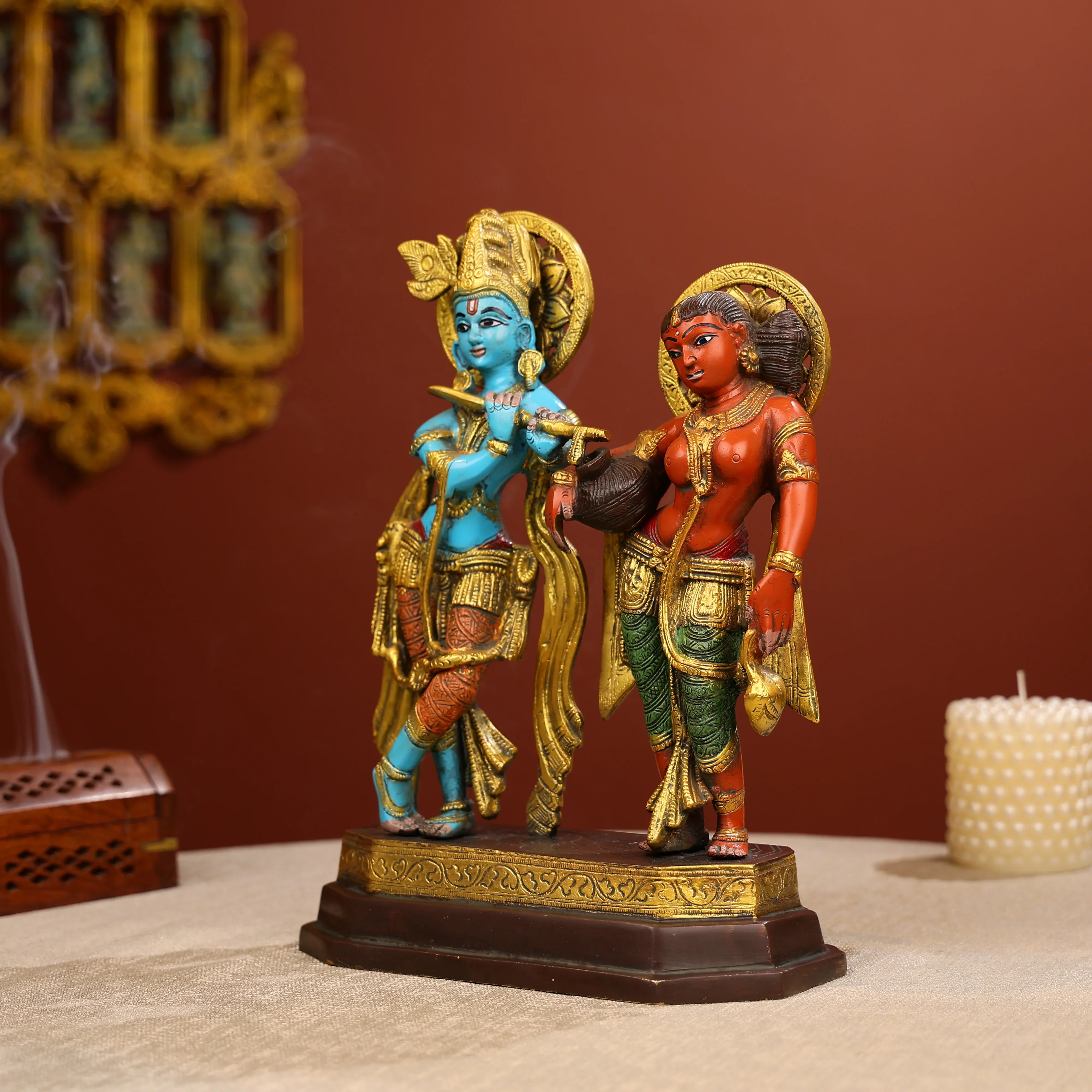 12" Coloured Brass Lord Radha And Krishna Statue