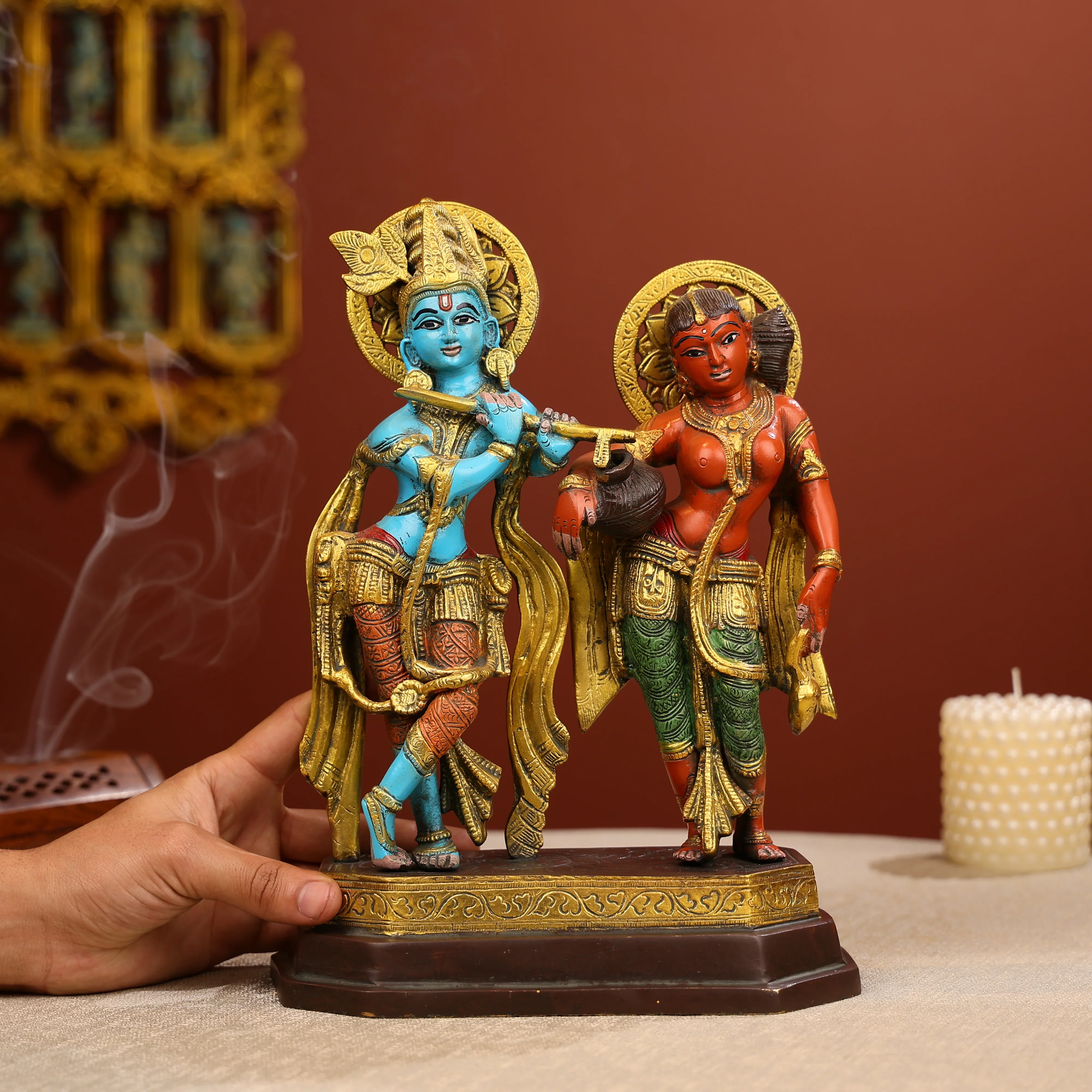 12" Coloured Brass Lord Radha And Krishna Statue - Image 2