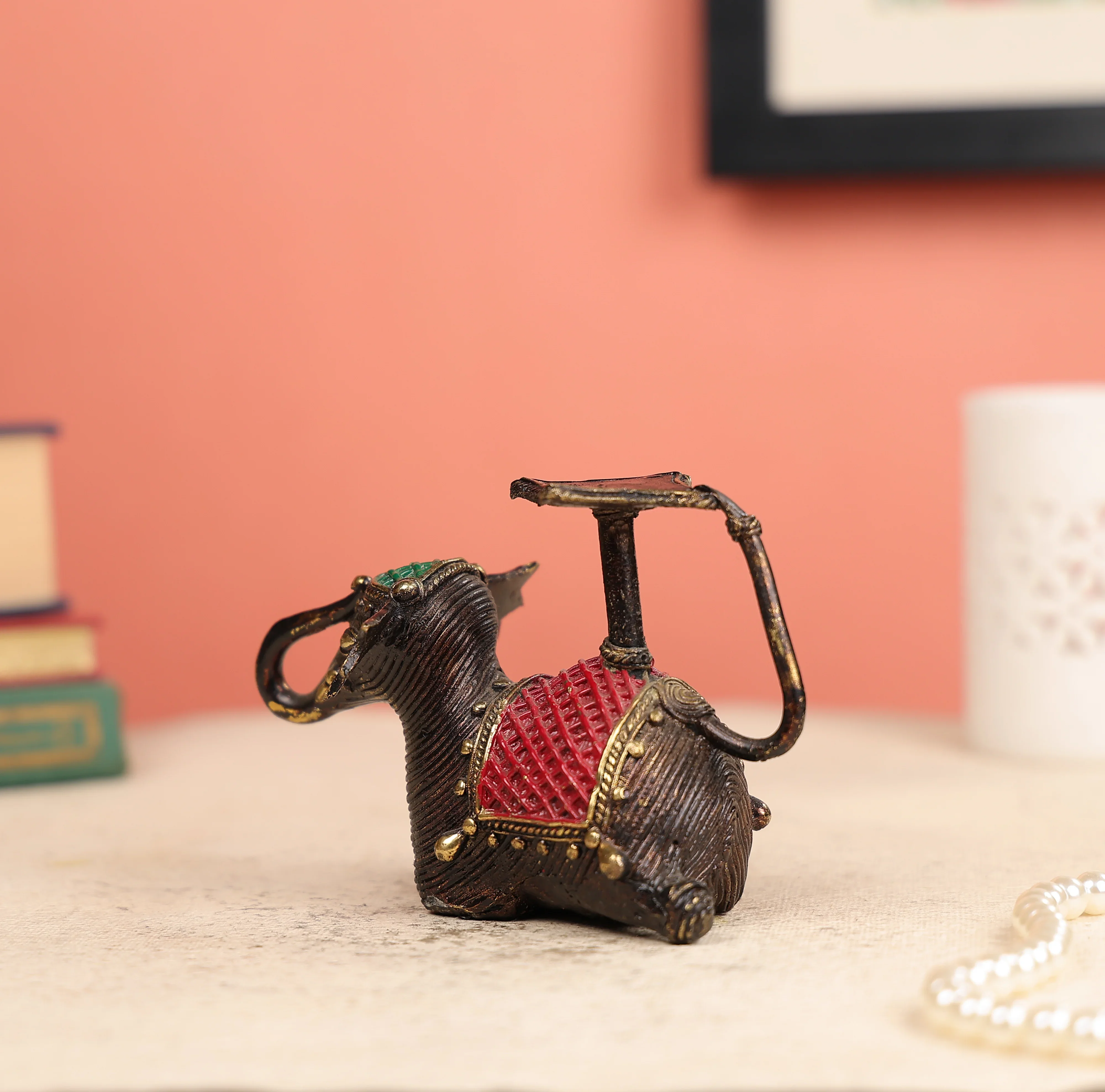6" Dhokra Art Coloured Tribal Elephant Candle Holder - Image 2
