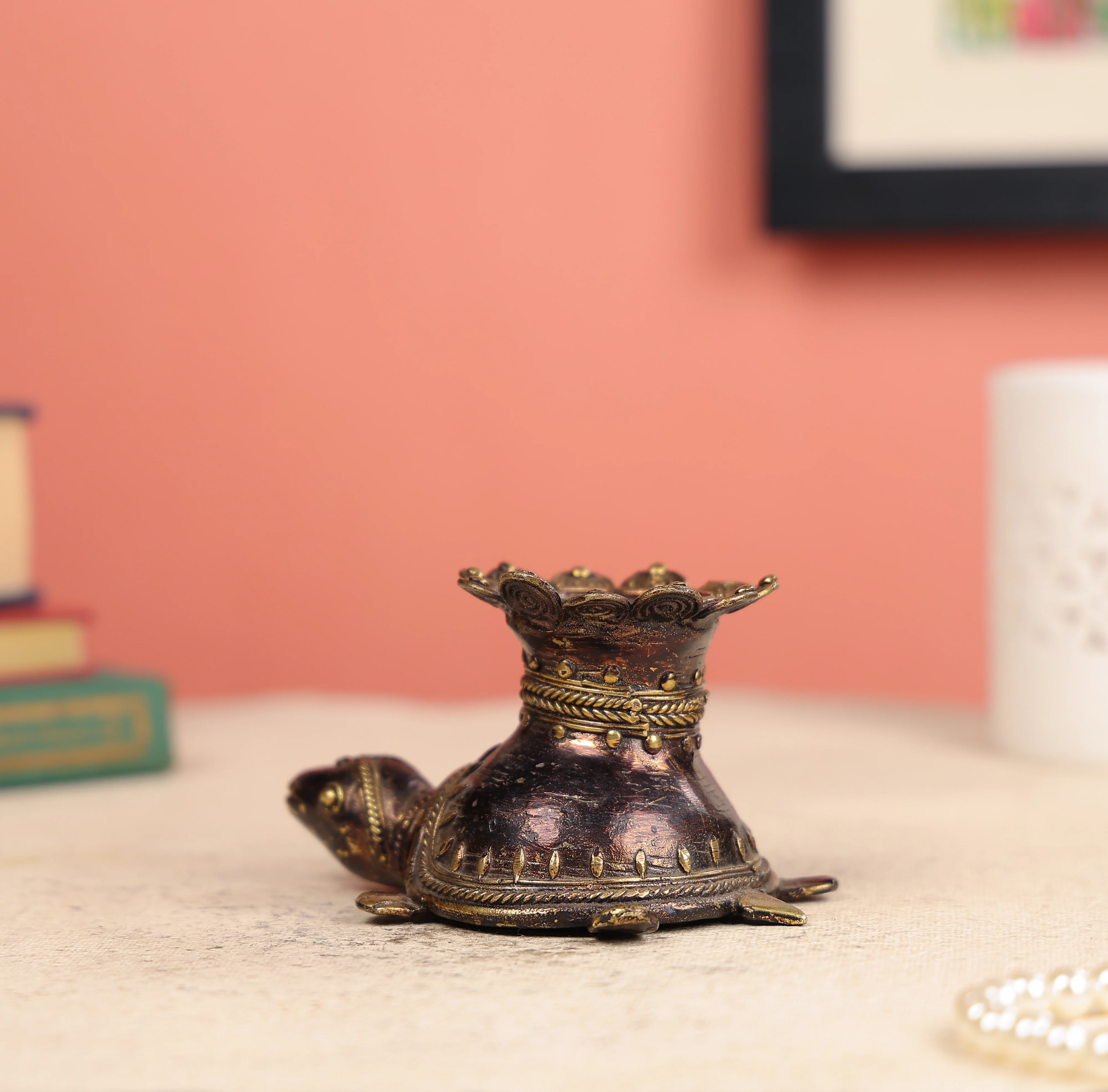 3" Dhokra Art Coloured Tribal Tortoise Candle Holder - Image 2