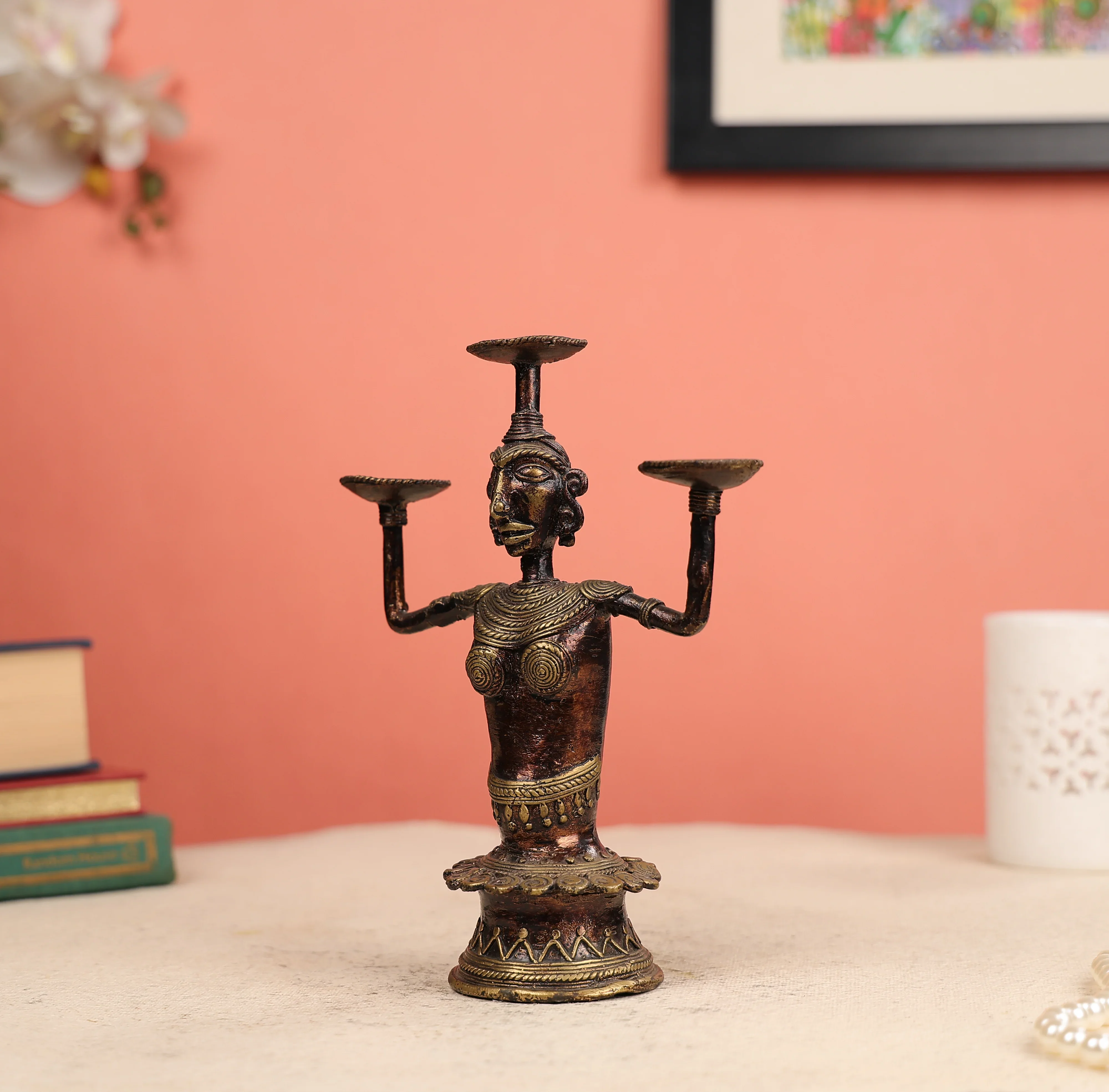 9" Dhokra Art Coloured Tribal Woman Bust Candle Holder - Image 2
