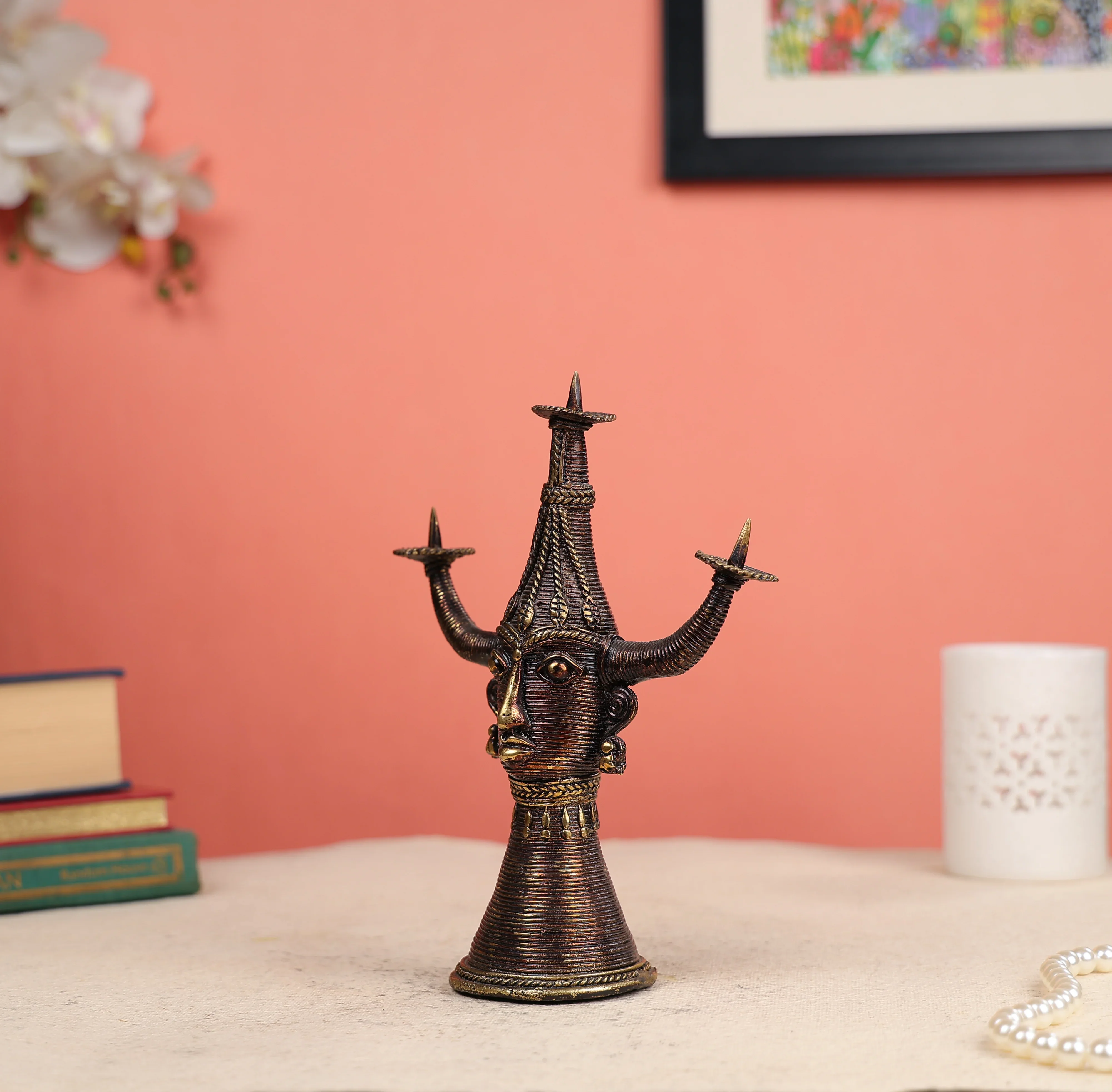 9" Dhokra Art Coloured Tribal Woman Head Candle Holder - Image 2