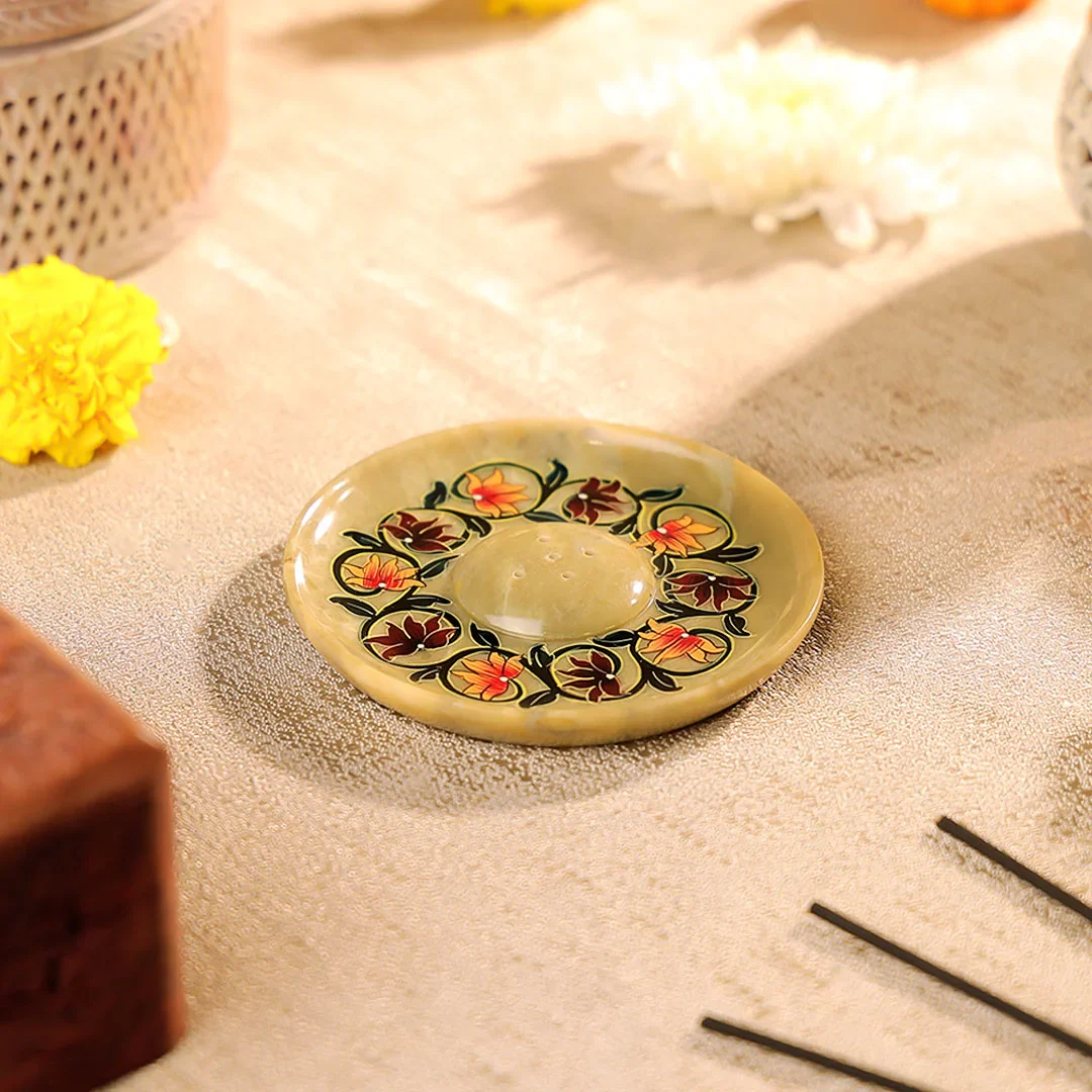 5" Hand Painted Stone Crafted Circular Shaped Incense Holder Plate