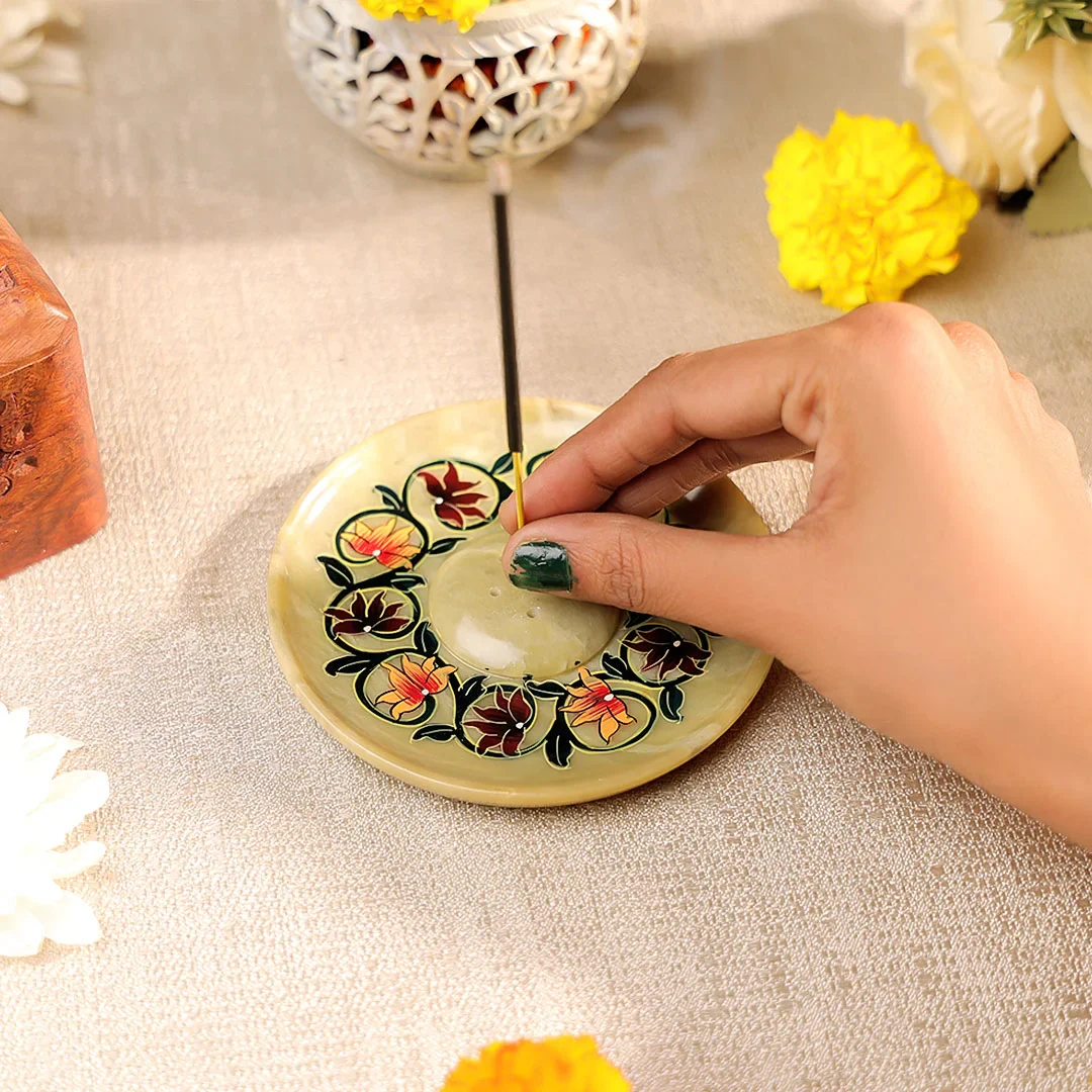 5" Hand Painted Stone Crafted Circular Shaped Incense Holder Plate - Image 2