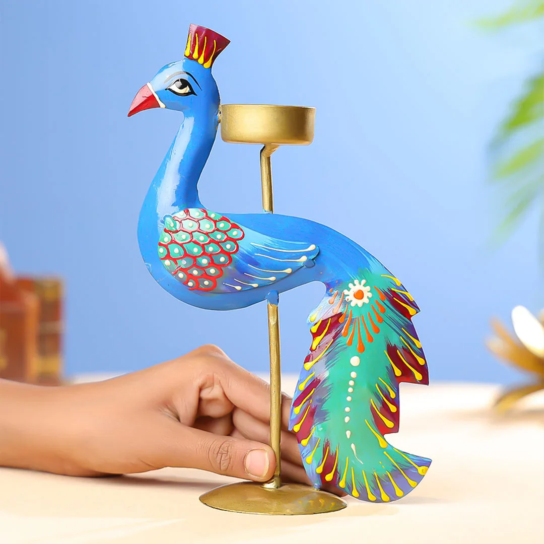 Handpainted Iron Peacock T-Light Holder - Image 2