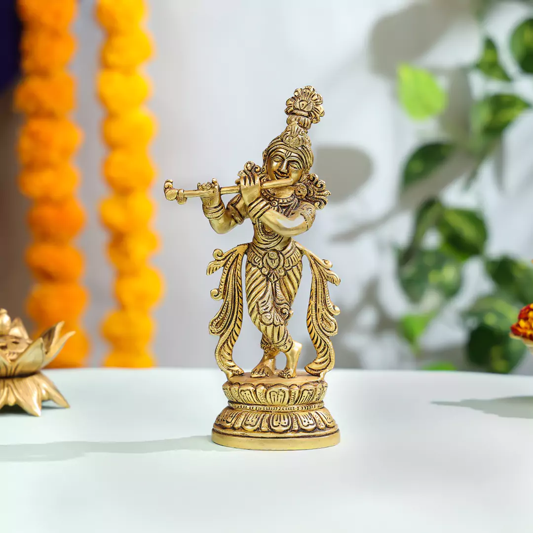 Lord Krishna Brass Statue Playing Flute