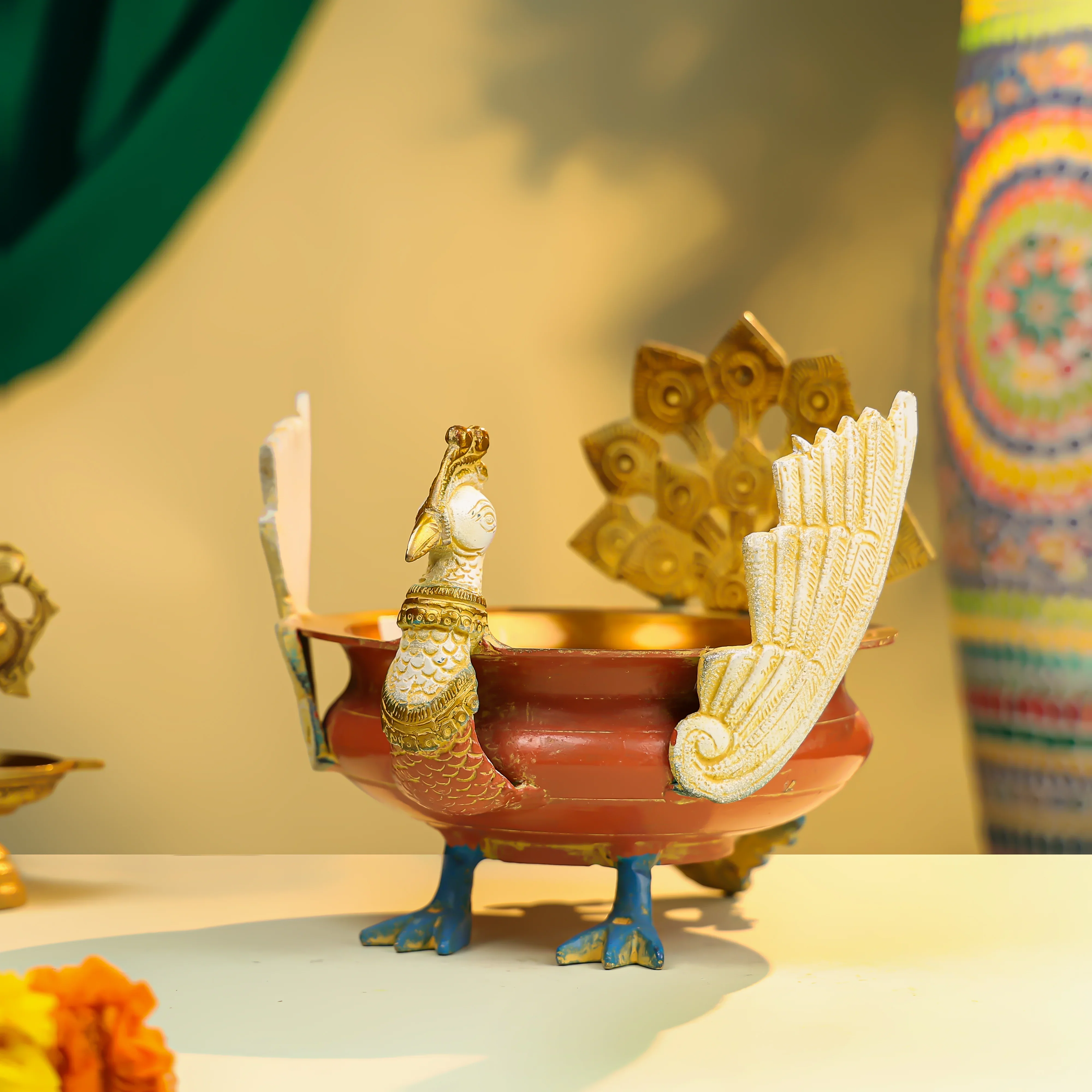8" Coloured Brass Peacock Urli - Image 2