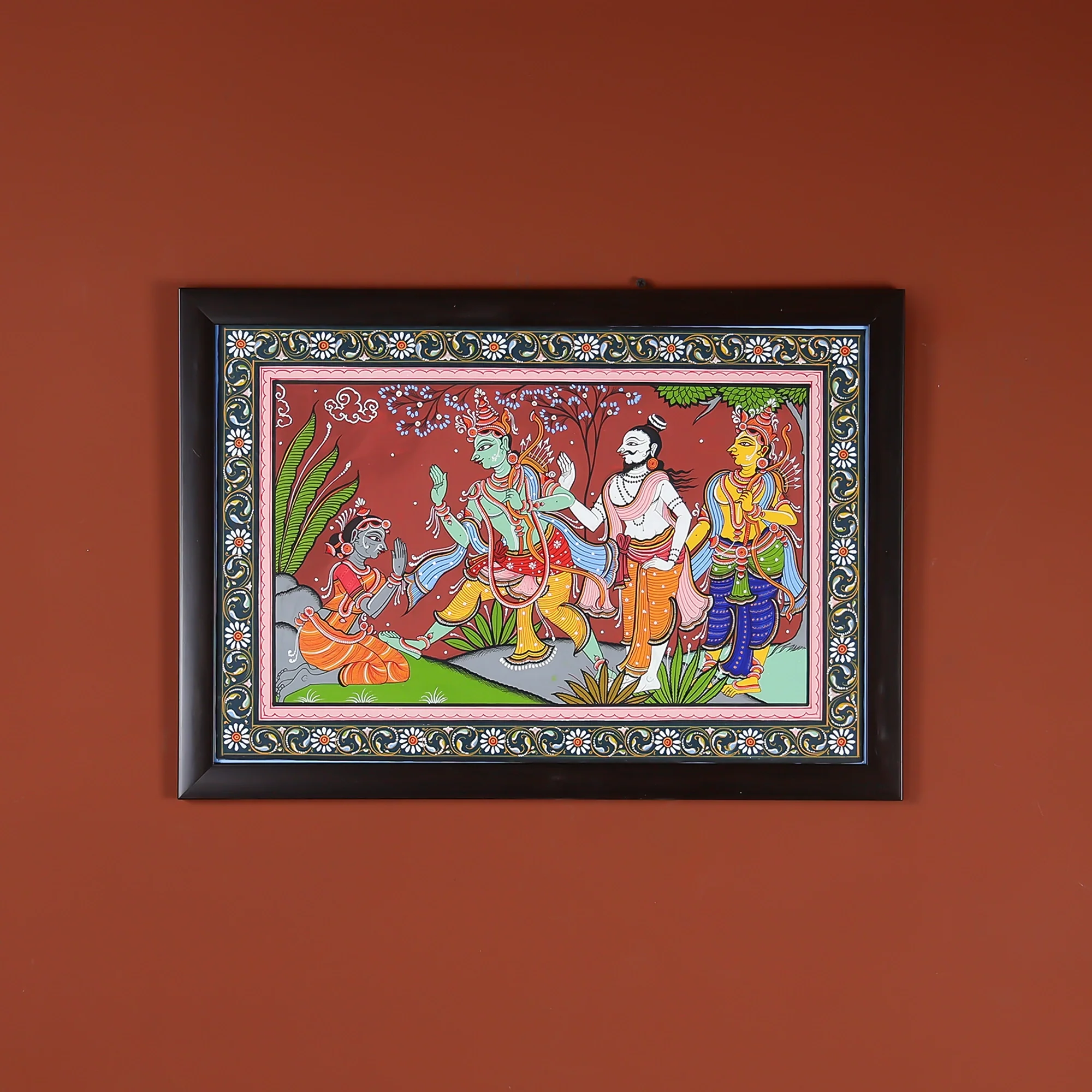 Glass Framed Hand-Painted Pattachitra Wall Art - Lord Rama Blessing Shabari Scene