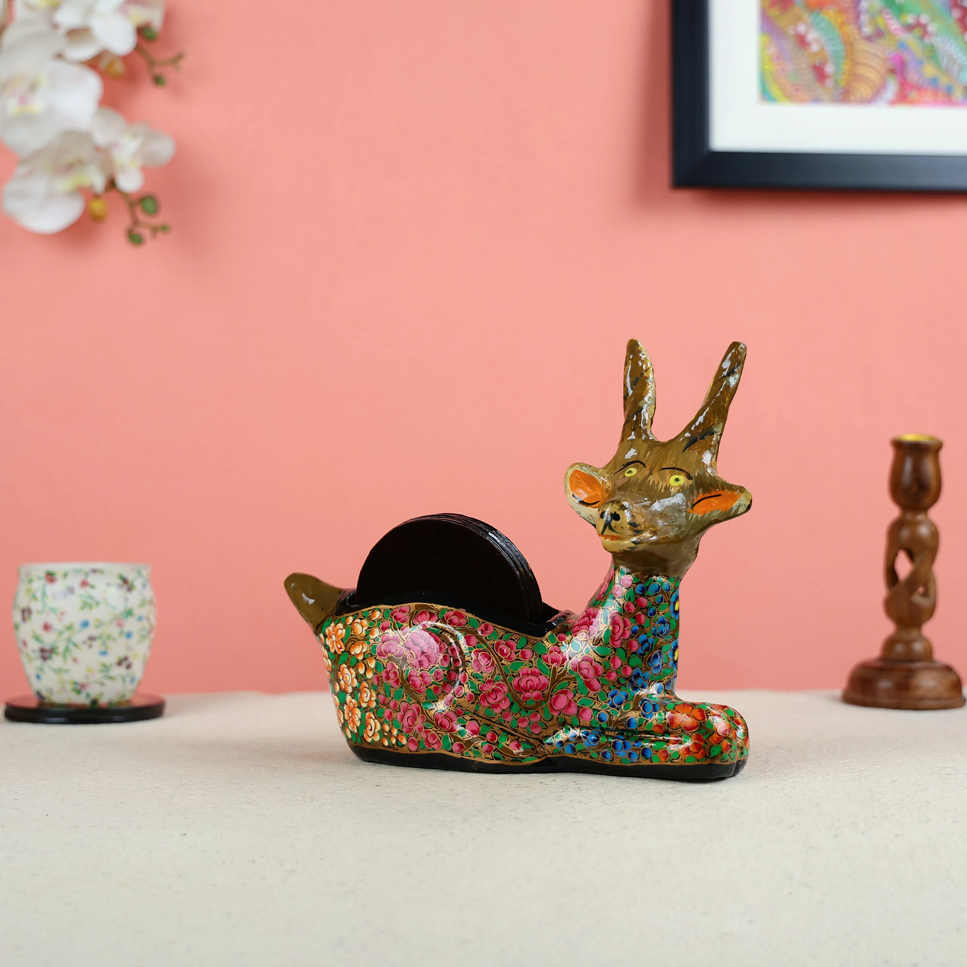 Paper Mache Crafted & Handpainted Reindeer With 6 Coasters Set - Image 2