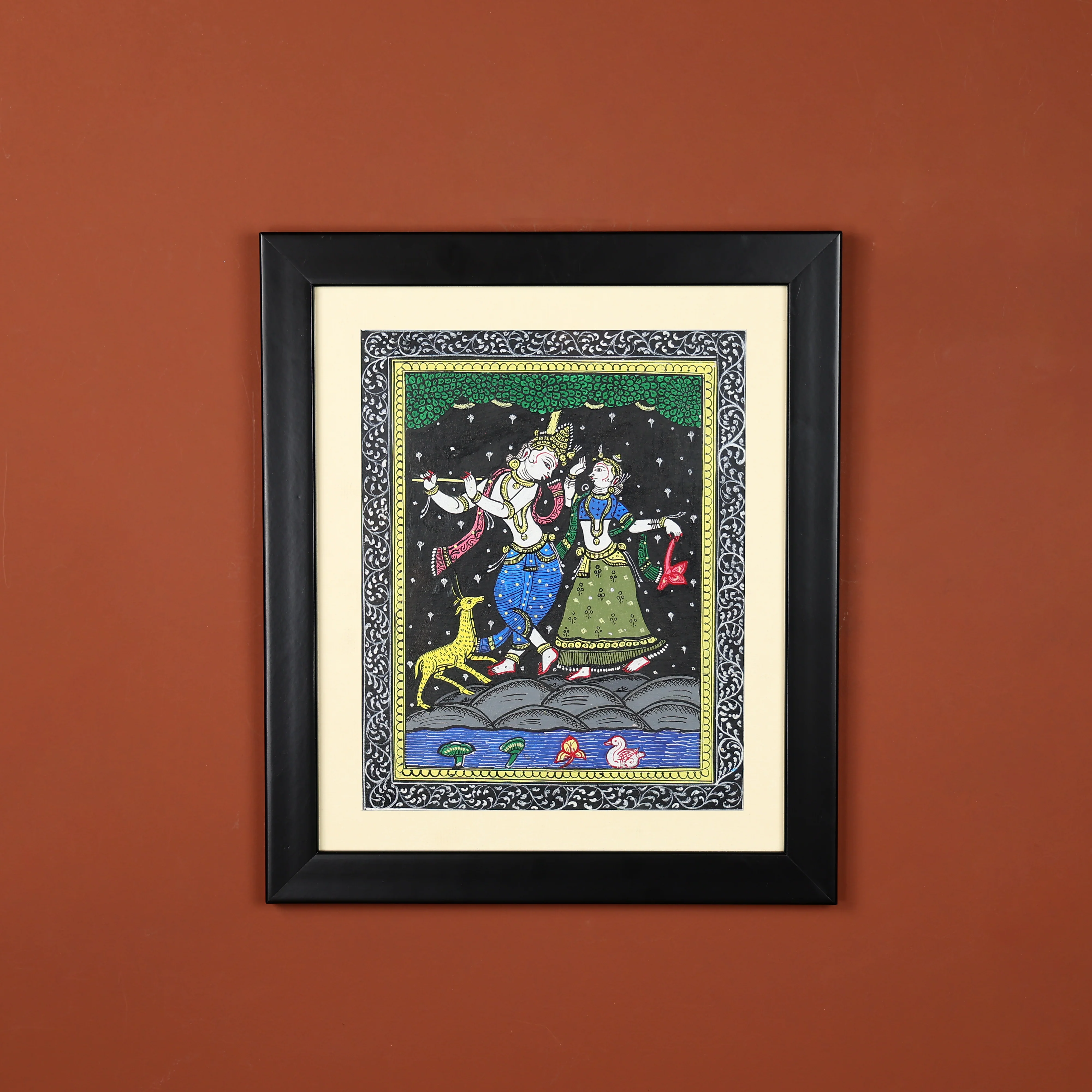Hand-Painted Pattachitra Wall Art - Dancing Lord Krishna & Radha