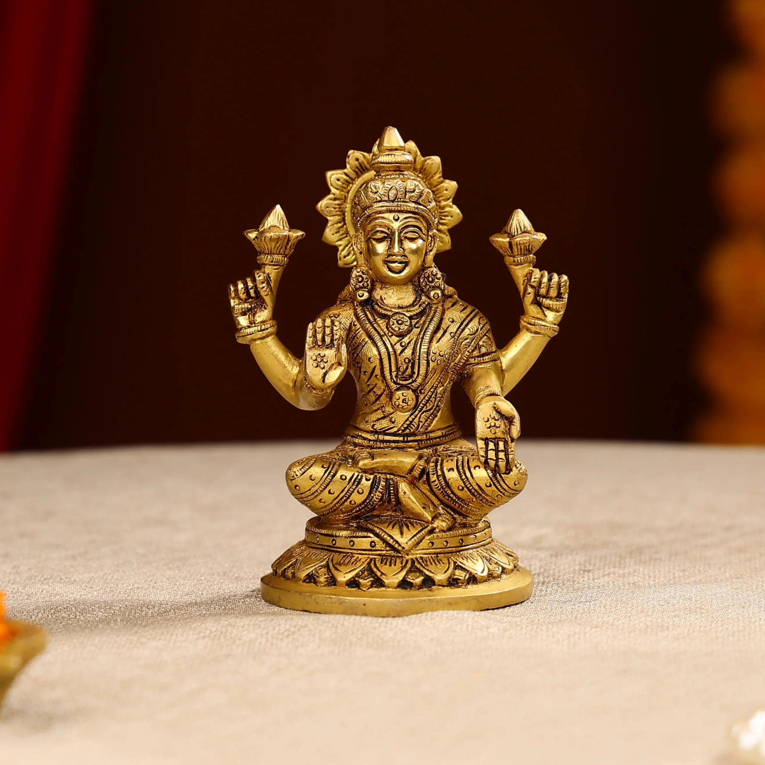 5.5" Super Fine Brass Blessing Goddess Laxmi Seated On Round Base