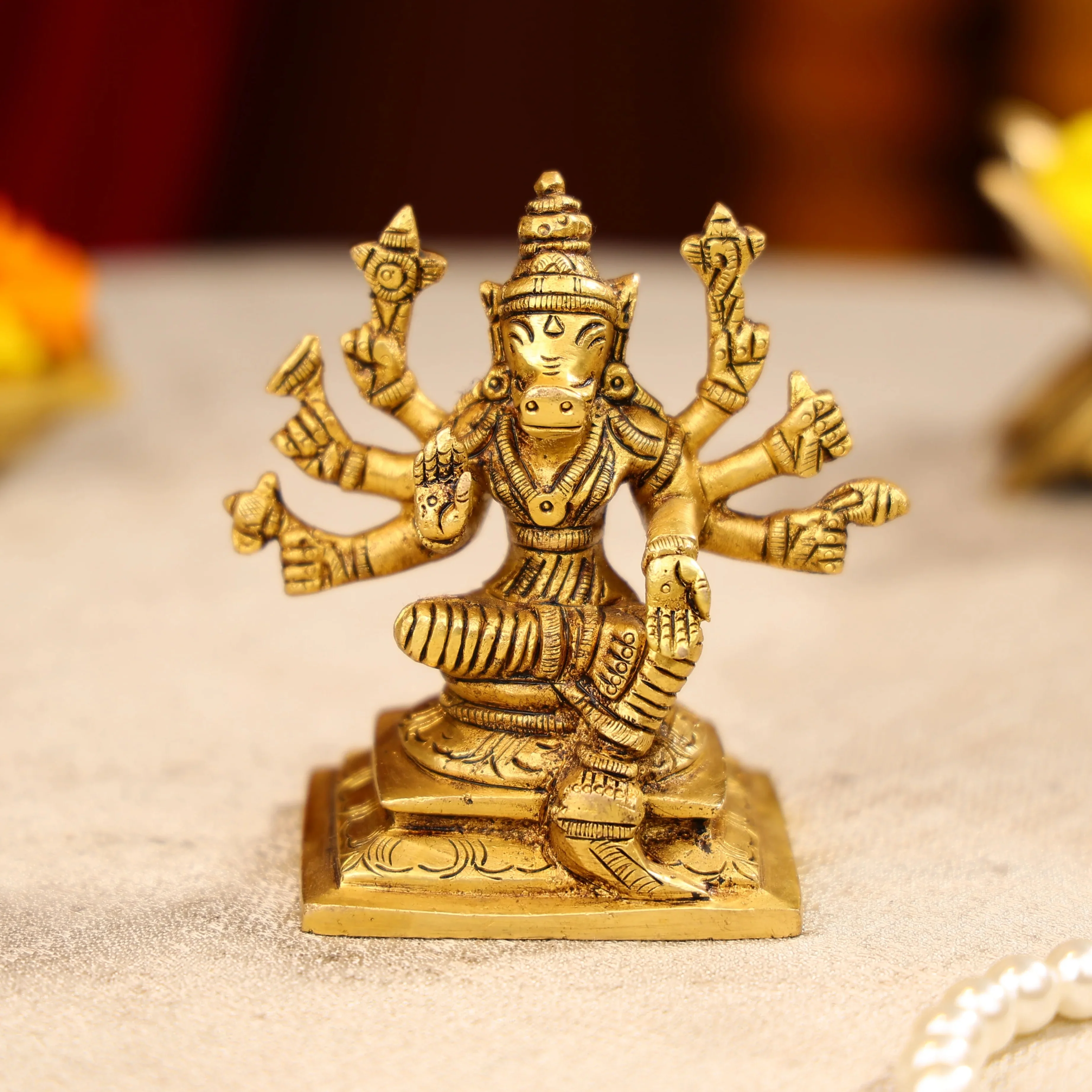 4" Super Fine Brass Goddess Varahi Amman Idol Seated On Pedestal