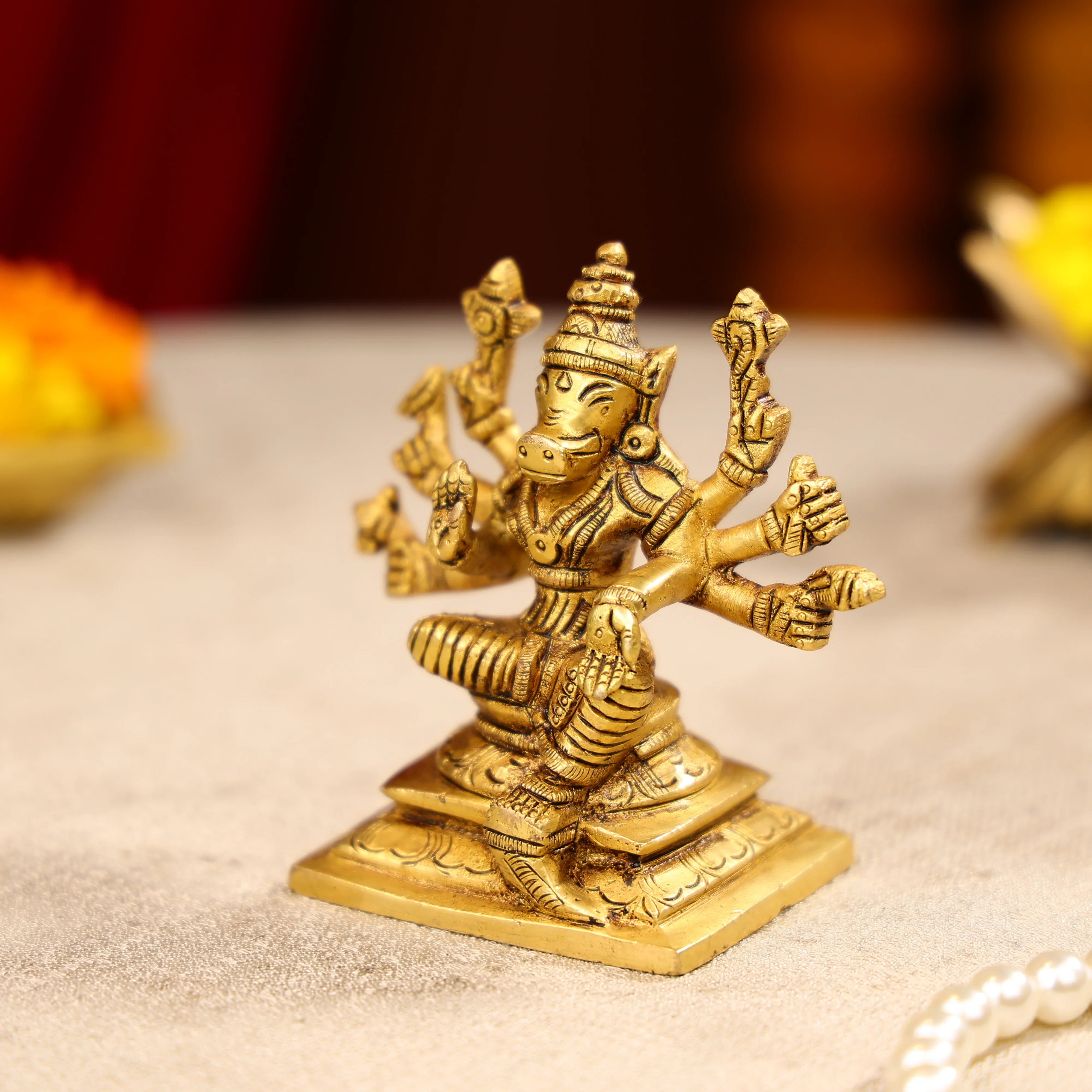 4" Super Fine Brass Goddess Varahi Amman Idol Seated On Pedestal - Image 2