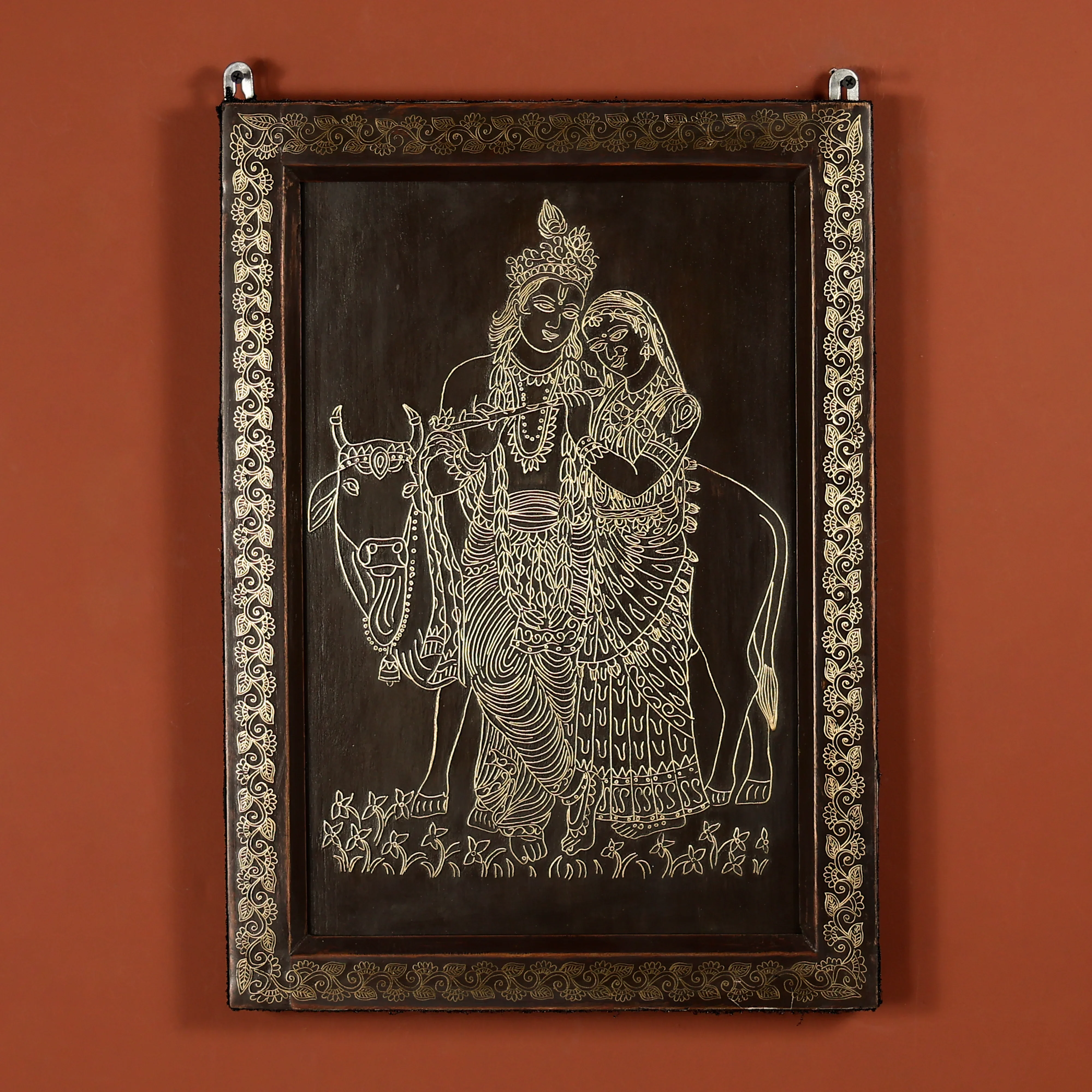 21" Tarkashi Crafted Lord Radha Krishna With Cow Background Wall Art - Image 2