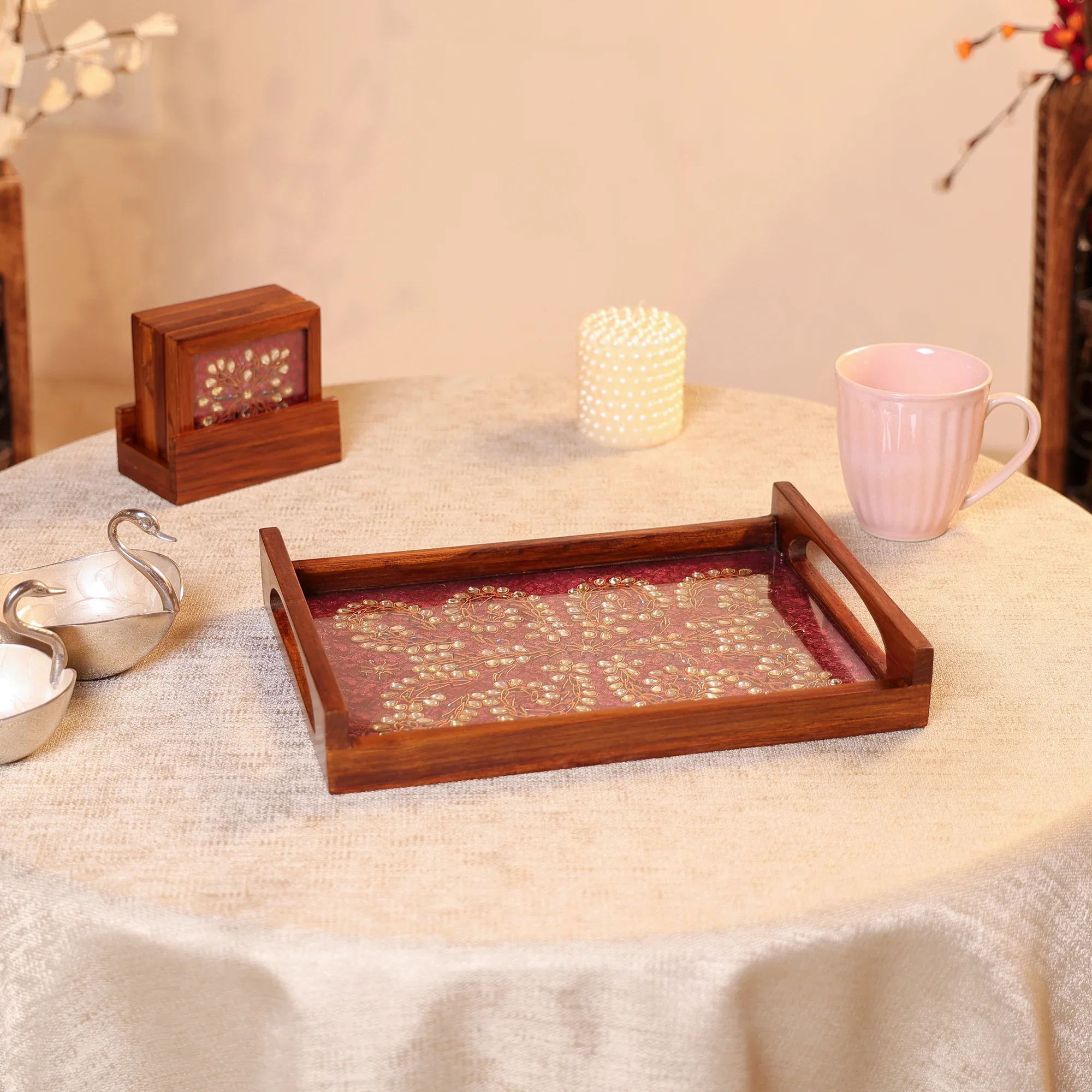 Teak Wood & Glass Framed Kundan Craft Serving Tray - Image 2