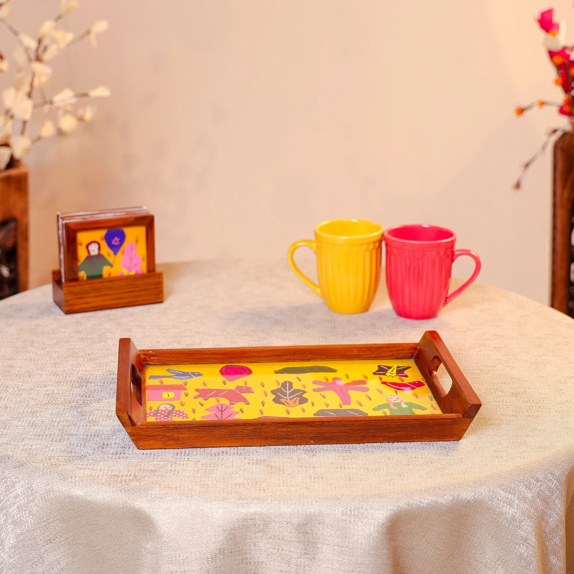 Teak Wood & Glass Framed Tribal Aplique Craft Serving Tray - Yellow - Image 2