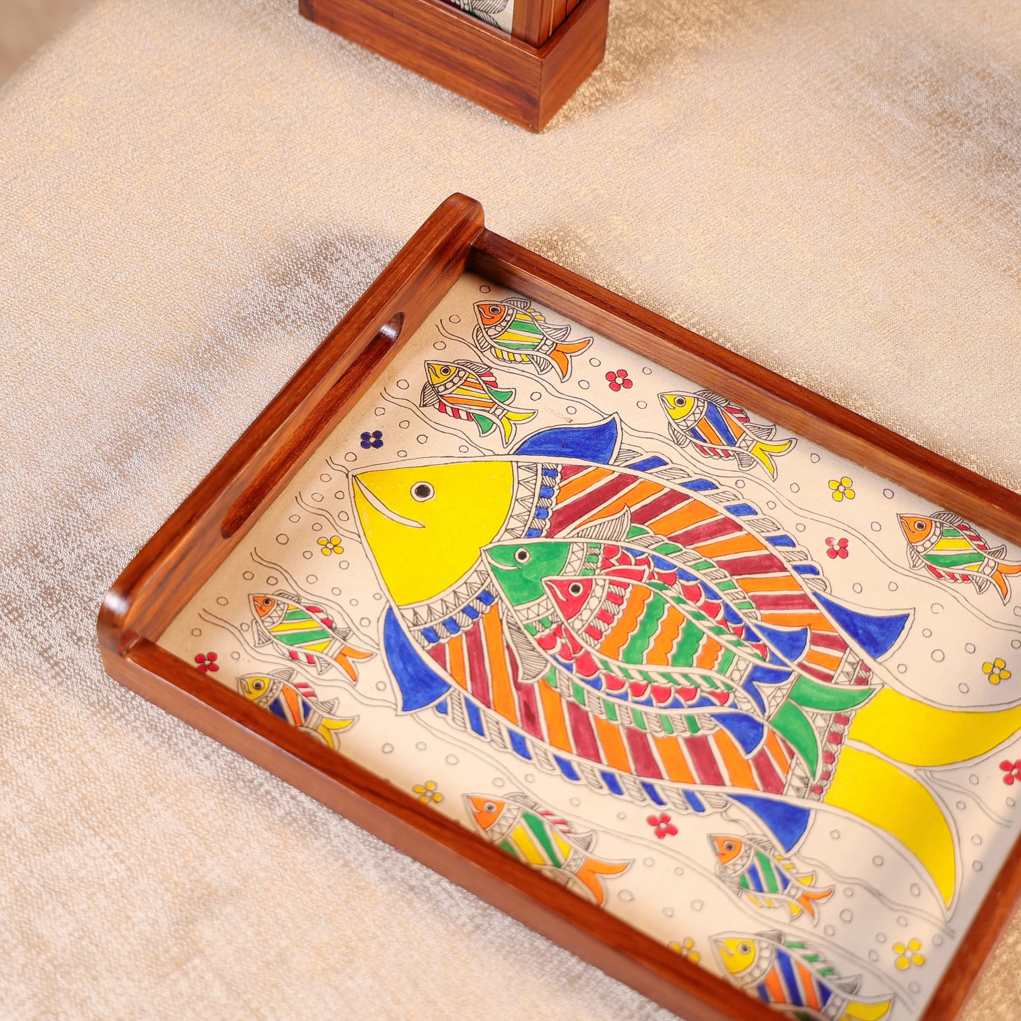 Teak Wood & Glass Framed Tribal Mithila Art Serving Tray - Image 2