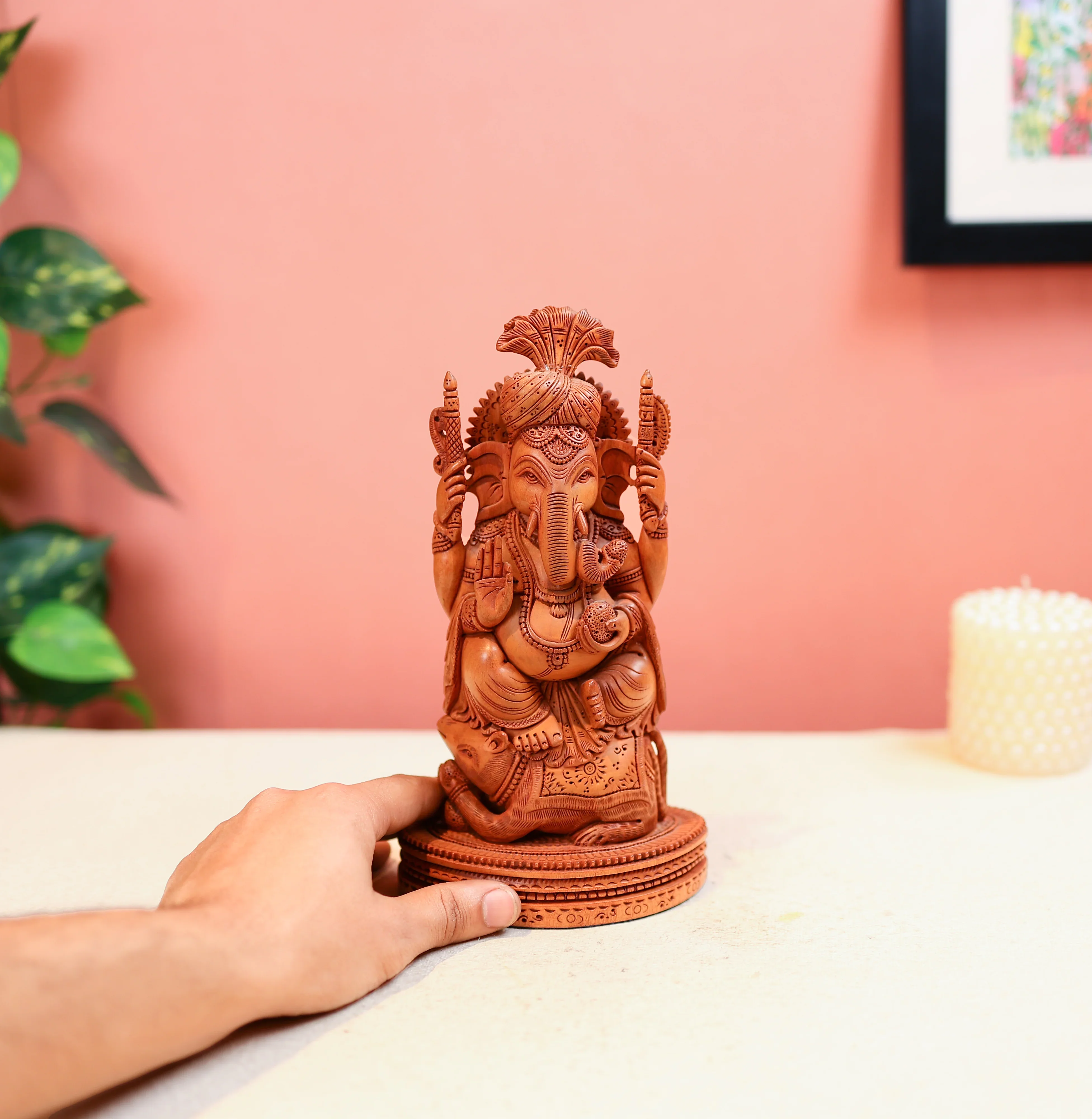 9" Kadam Wood Carved Lord Ganesha Statue Sitting On Mouse - Image 2