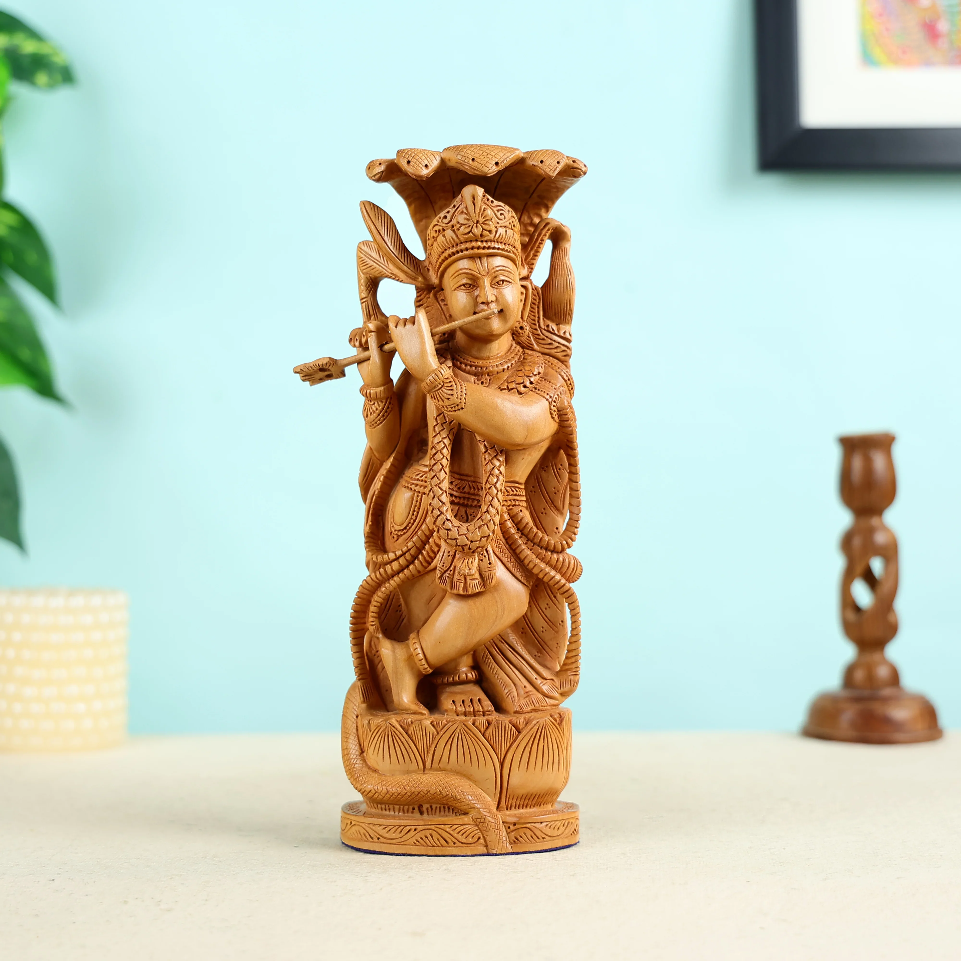 Wooden Lord Krishna Playing Flute Statue
