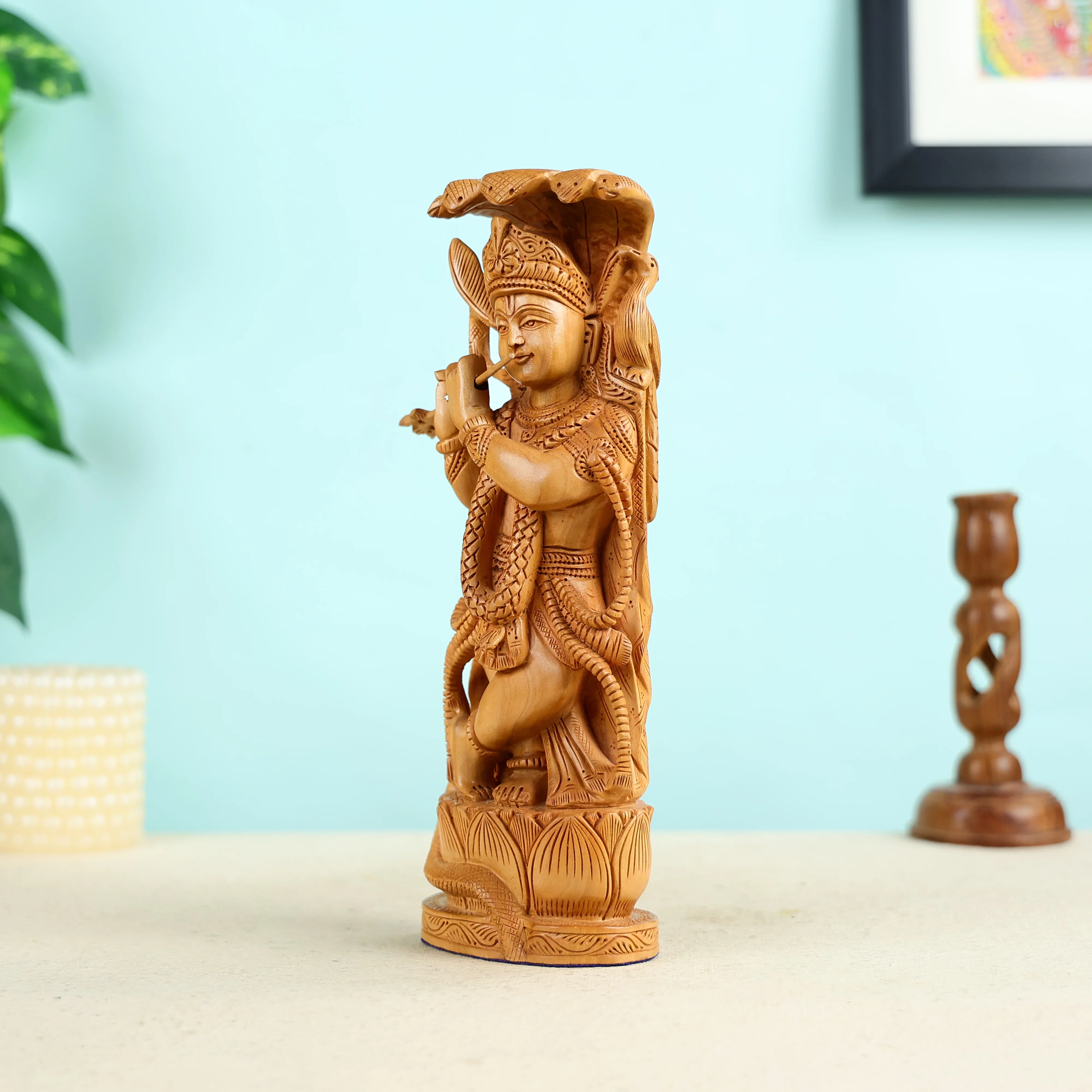 Wooden Lord Krishna Playing Flute Statue - Image 2