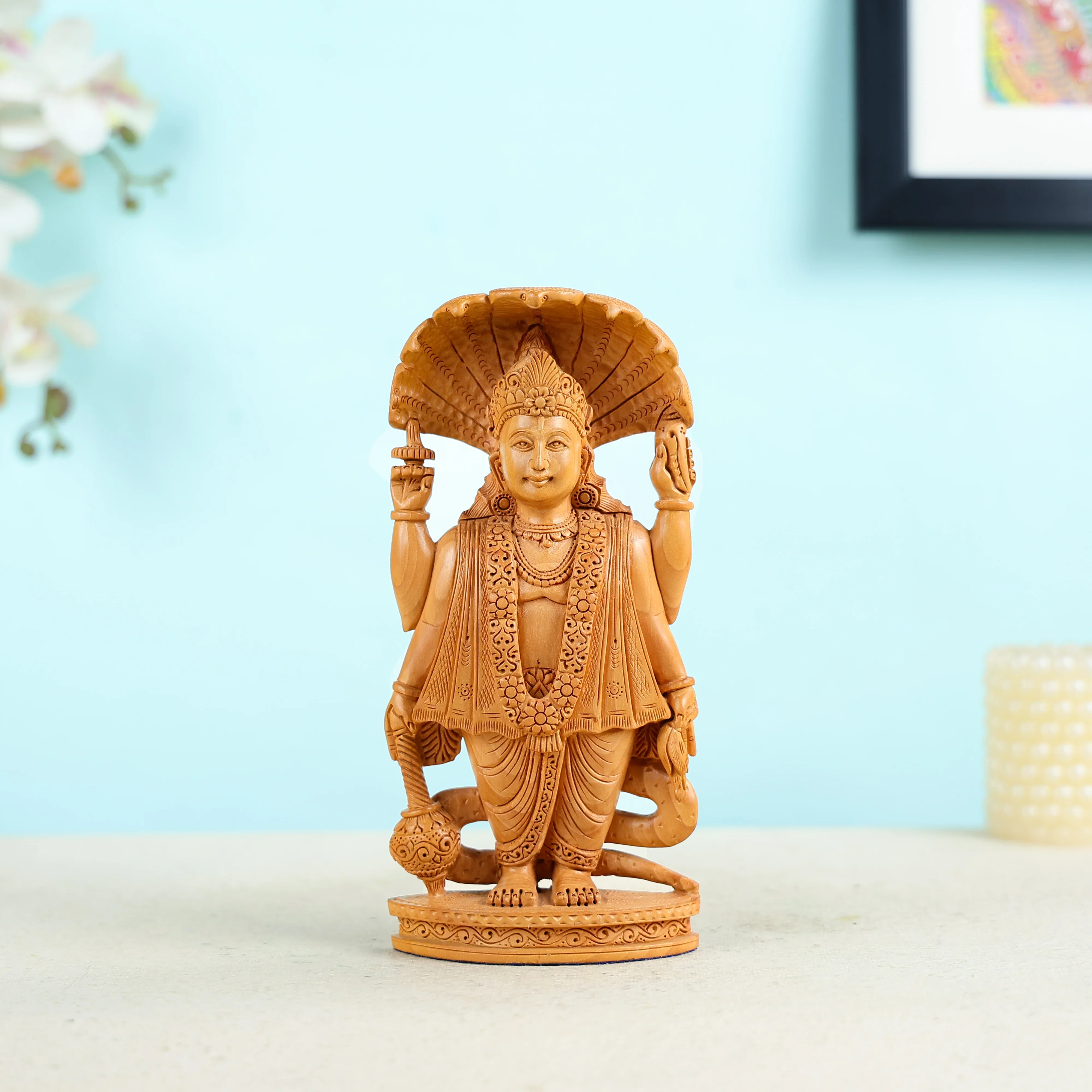 Kadam Wood Hand Carved Lord Vishnu Statue